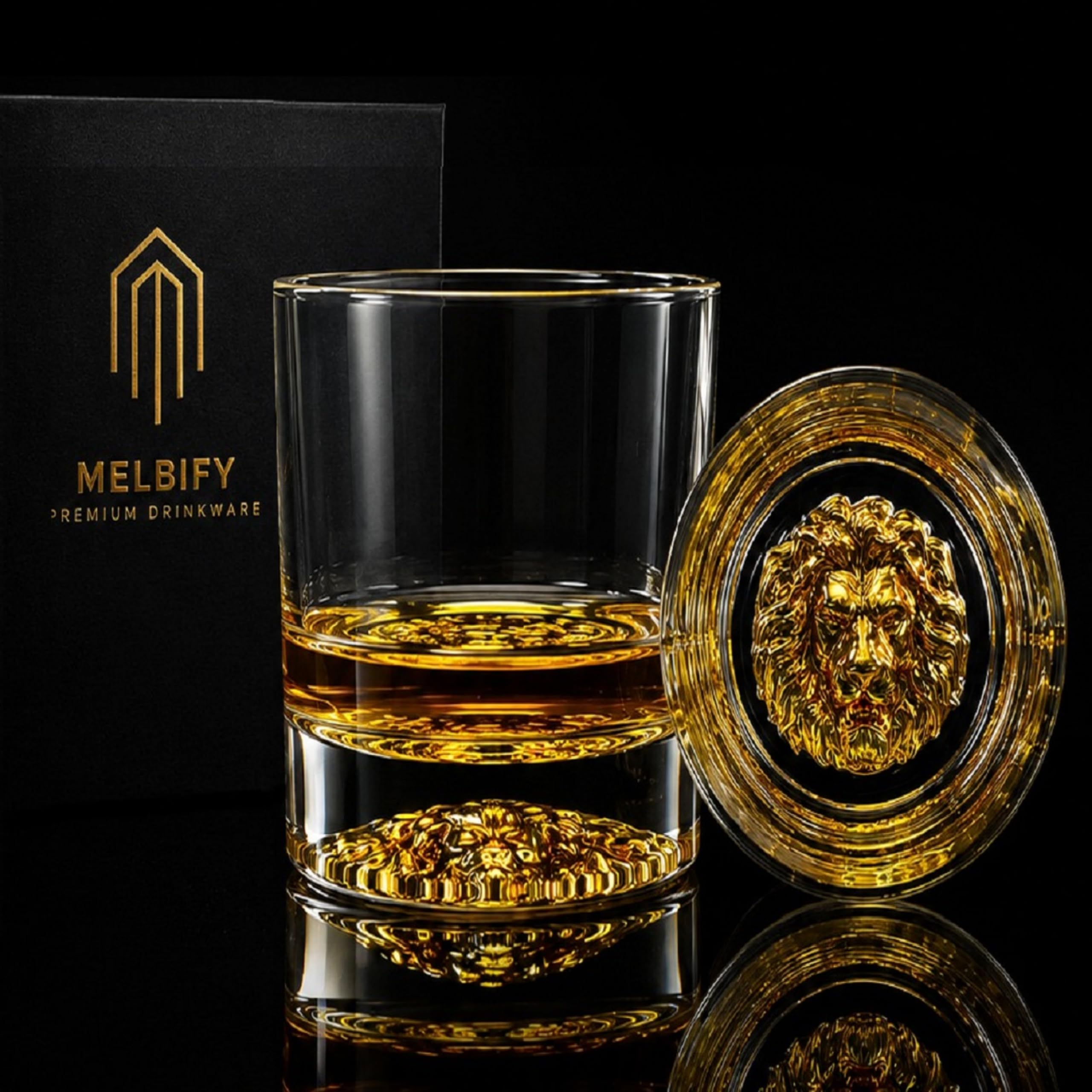 Melbify Gold Lion Whiskey Glasses | 300 ml | Set of 2 | Premium Packing | Gift Box | Whisky Glass Gift Set | Golden Design | Heavy | Unique | | Thick Bottom | Premium | Scotch | Rum