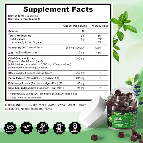 Miniatura 5 de Q'ankyaq Gomitas de aceite de orégano  Apoyo inmunológico a base de hierbas 6 en 1 con aceite de semilla negra, ajo, hoja de olivo, saúco, zinc y