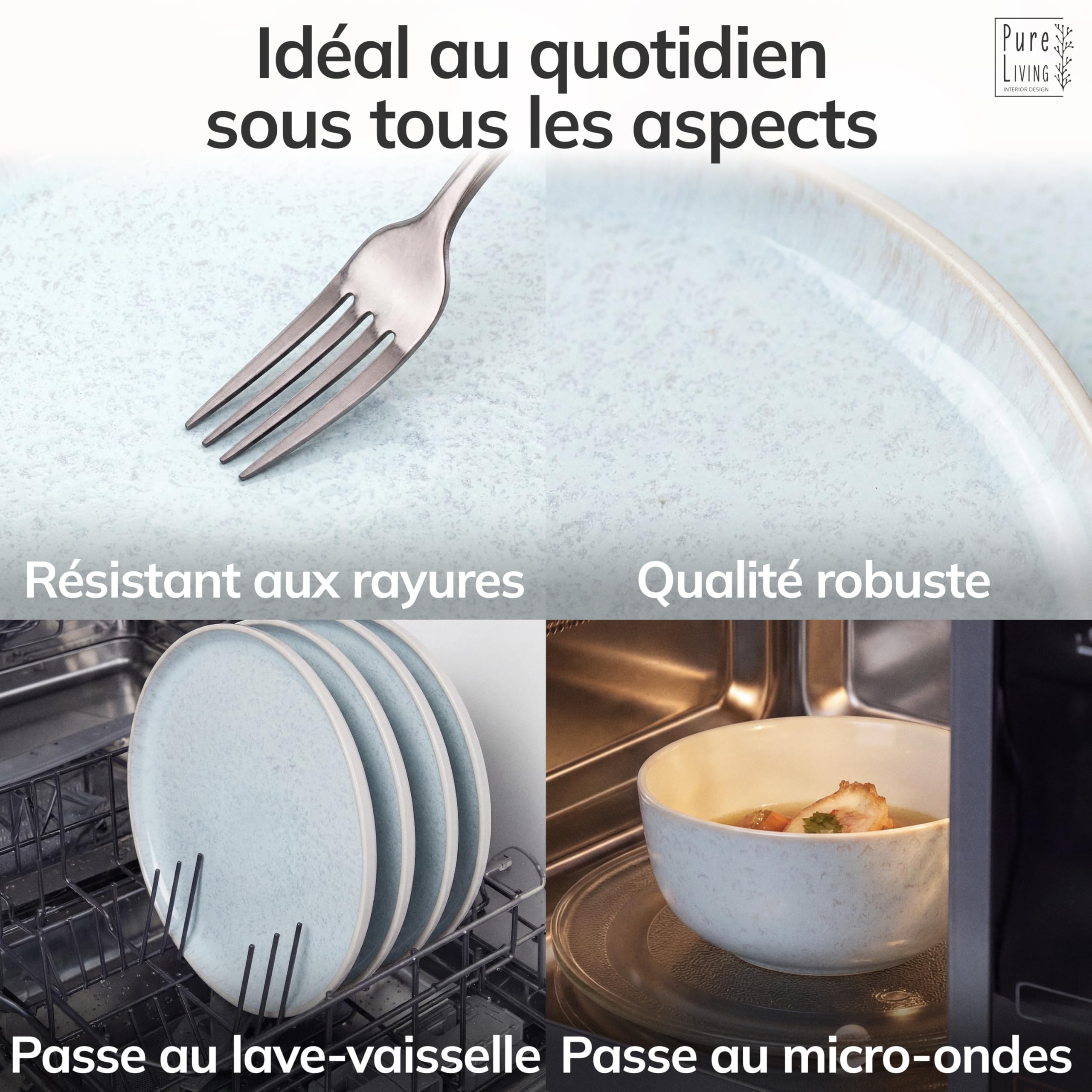 Service de Table Ibiza 24 Pièces: Vaisselle en Grès pour 6 Personnes, Adapté au Lave-Vaisselle et au Micro-Ondes, Pure Living Beige-Bleu
