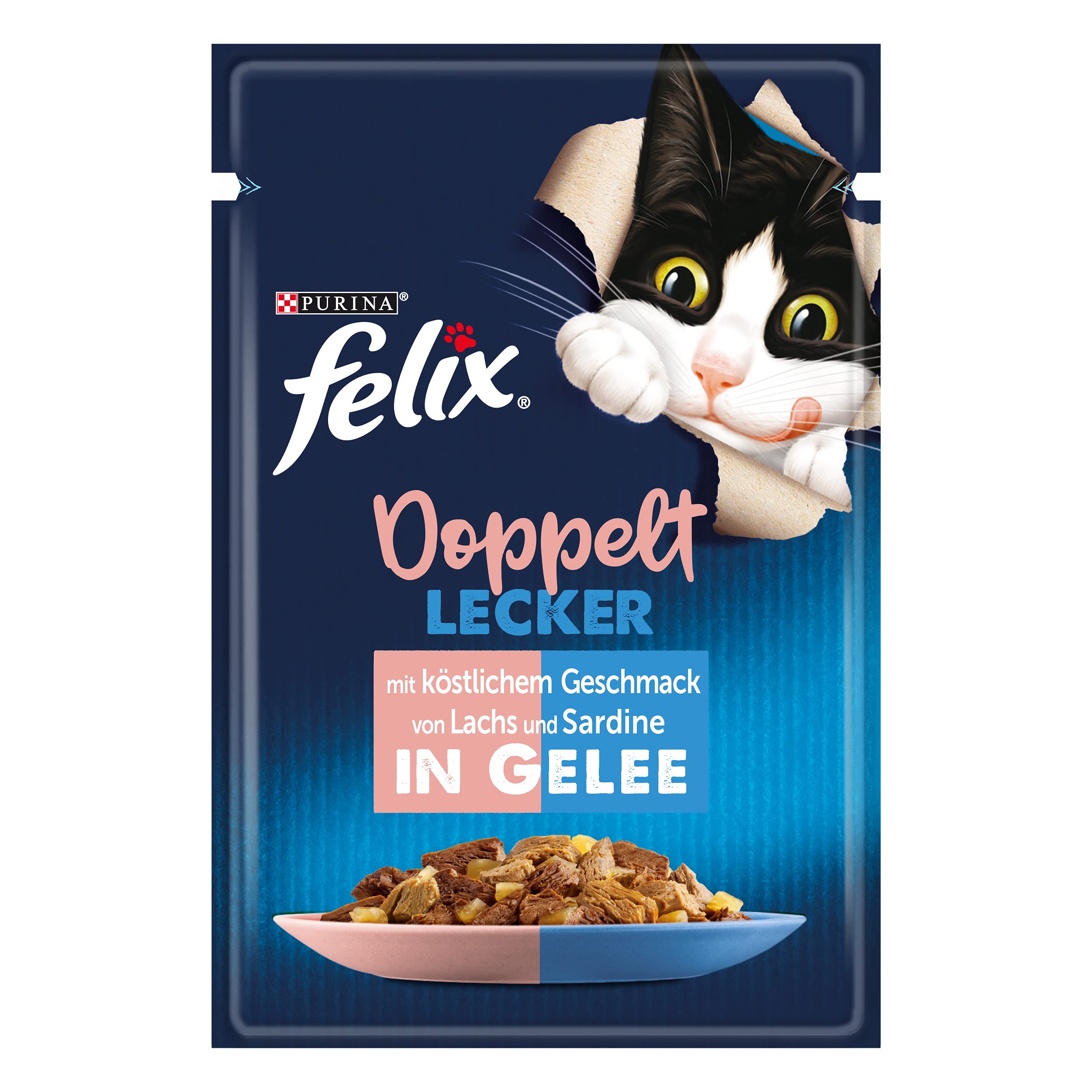 FELIX Comida para Gatos Doble Deliciosa húmeda en gelatina, con salmón y sardina, 26 Unidades (26 x 85 g)