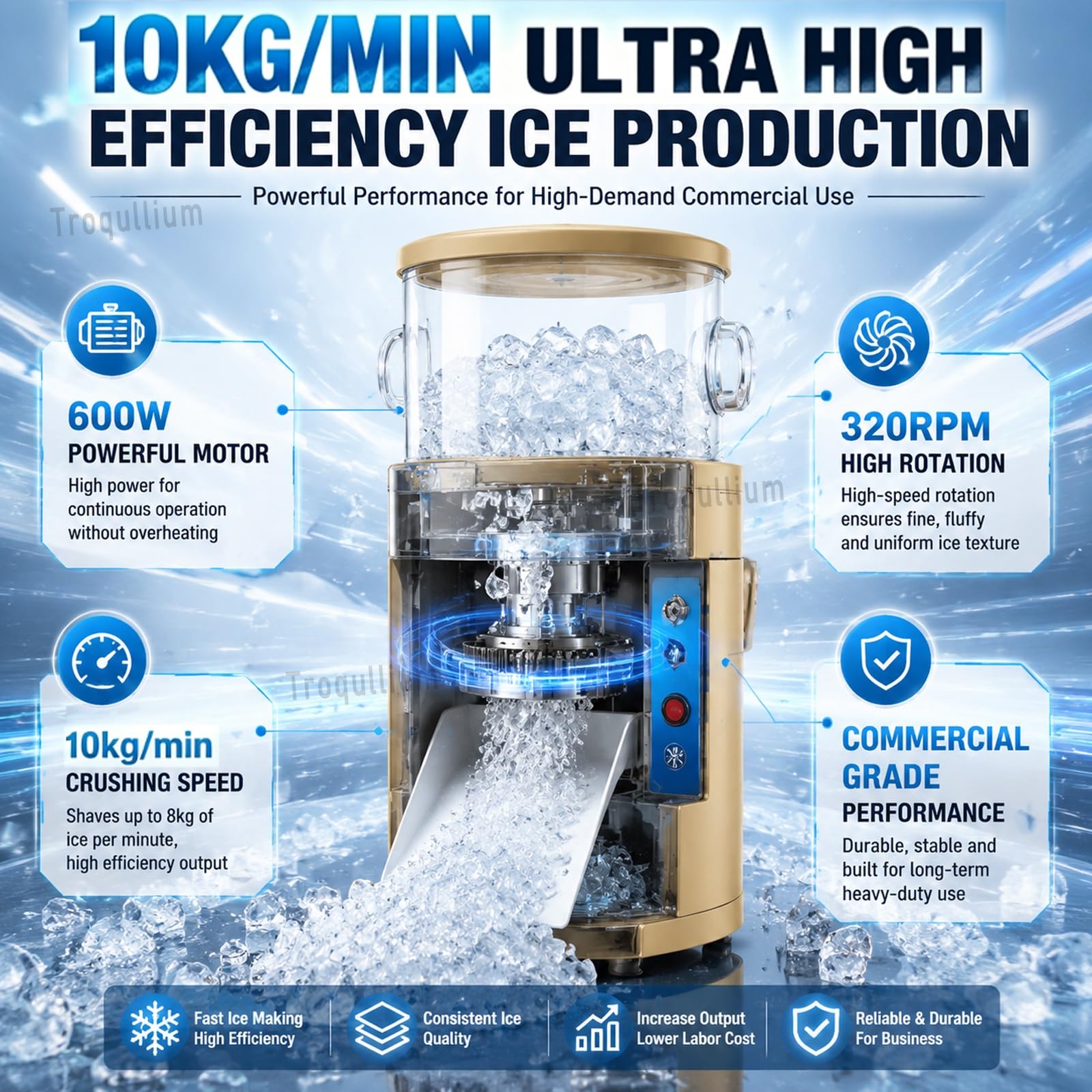 Trituradora de Hielo eléctrica Comercial de 600W,máquina de Cono de Nieve de Salida de 10kg/min,con Perilla de Ajuste de Textura de precisión,for Tienda de postres y exhibición de mariscos