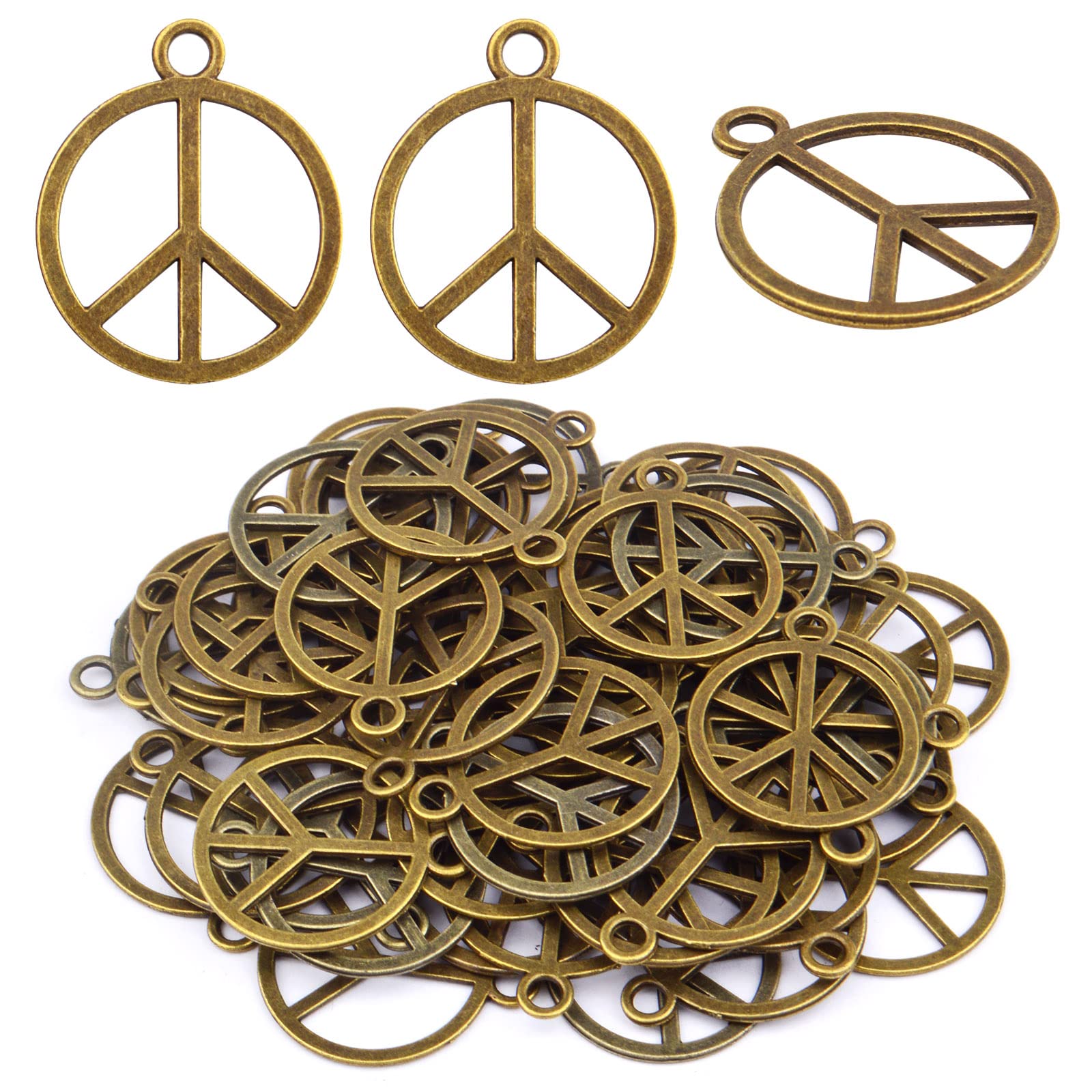 60pcs Antique Bronze Peace Symbol Pendants Alloy Vintage Style Peace Charms for DIY Necklace Jewelry Making Accessory, 25x21mm