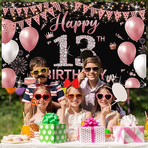 Miniatura 5 de Cartel de fondo de decoración de cumpleaños número 13, decoración de feliz cumpleaños número 13 para niñas, fondo de fotografía de cumpleaños de oro