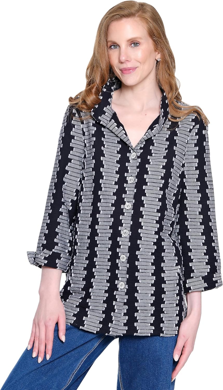 Ali Miles Womens Woven Jacquard Button Front Blouse for Women