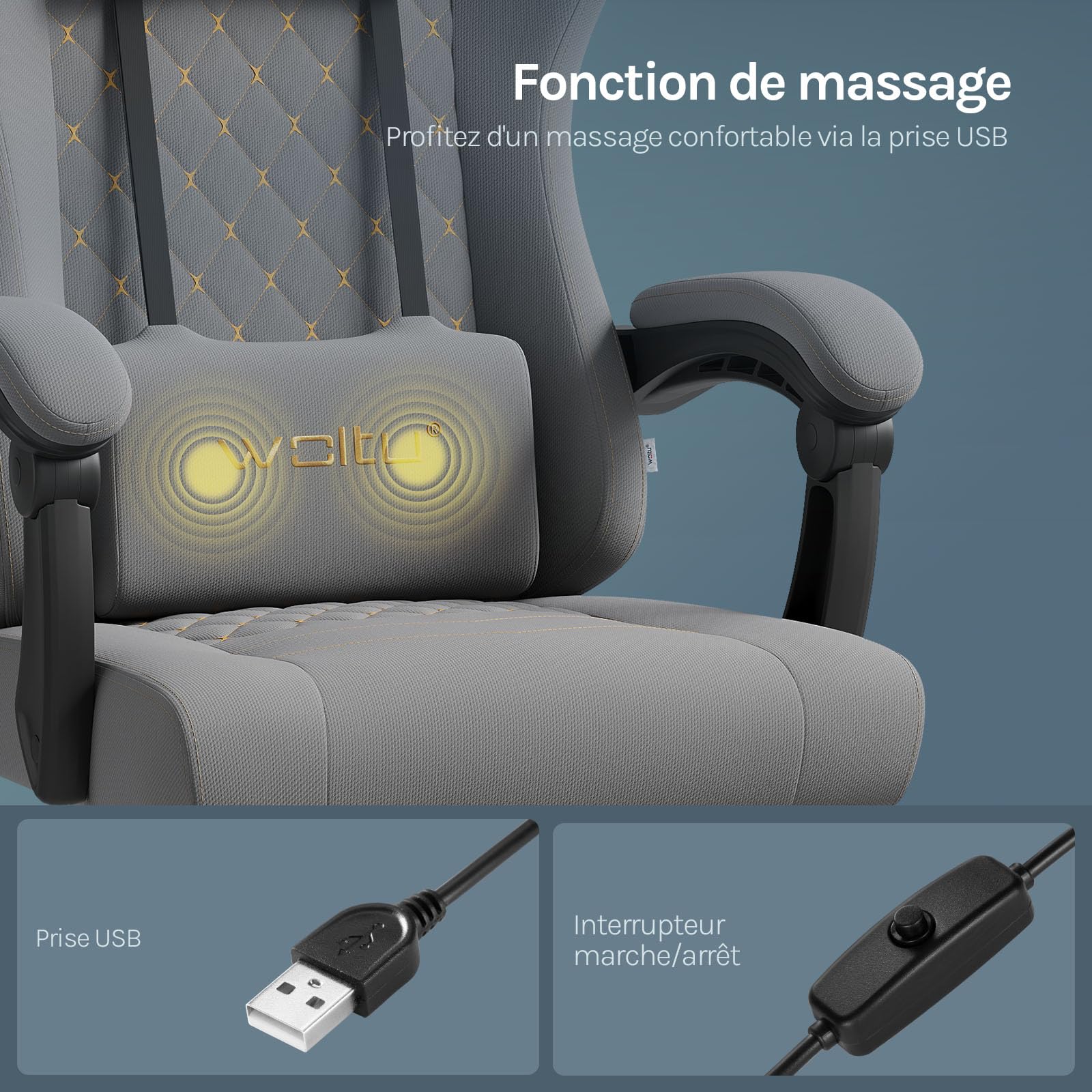 WOLTU Chaise Gaming Massante, Chaise Bureau Ergonomique, avec Coussin à Ressorts, Soutien Lombaire Massant, Appui-tête, Repose-Pieds, Tissu Maille, Charge 150kg, Gris+Jaune