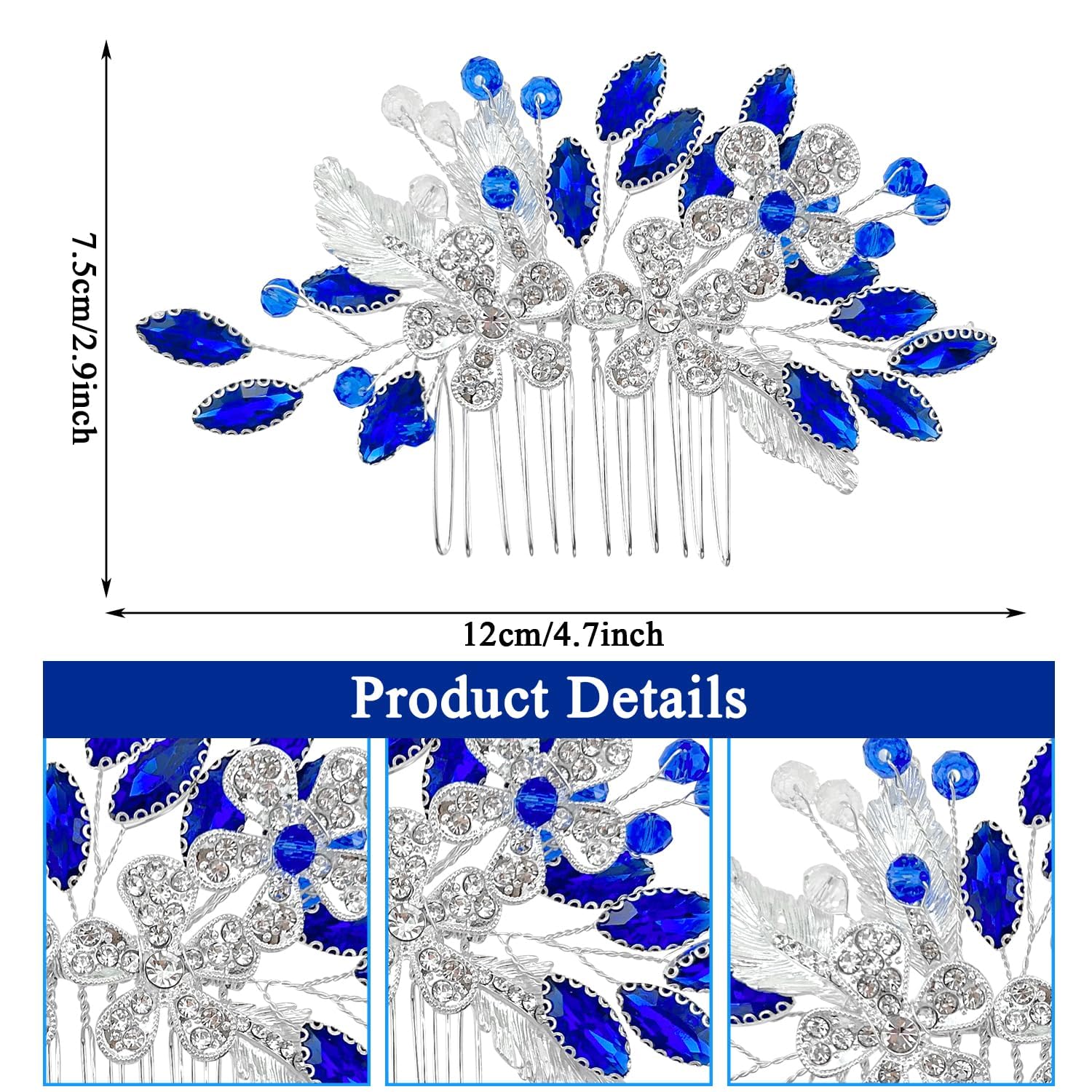 Flower Bridal Blue Rhinestone Hair Comb, Hair Accessories Rhinestone Hair Piece for Women and Girls - Image 2