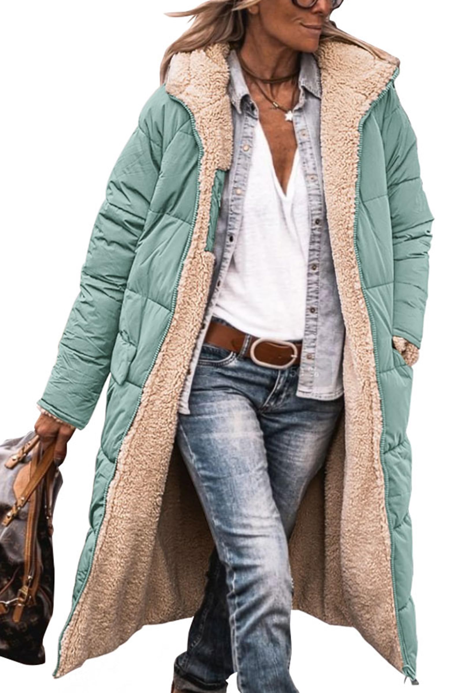 GEWSEY Women's 2025 Winter Fashion Clothes Oversized Shearling Fleece Long Coats Jackets Grey S