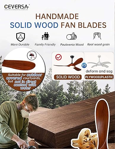 Miniatura 2 de Ventilador de techo negro de madera maciza de 52 pulgadas con luz y control remoto, ventilador de techo de 3 aspas, silencioso hecho a mano para