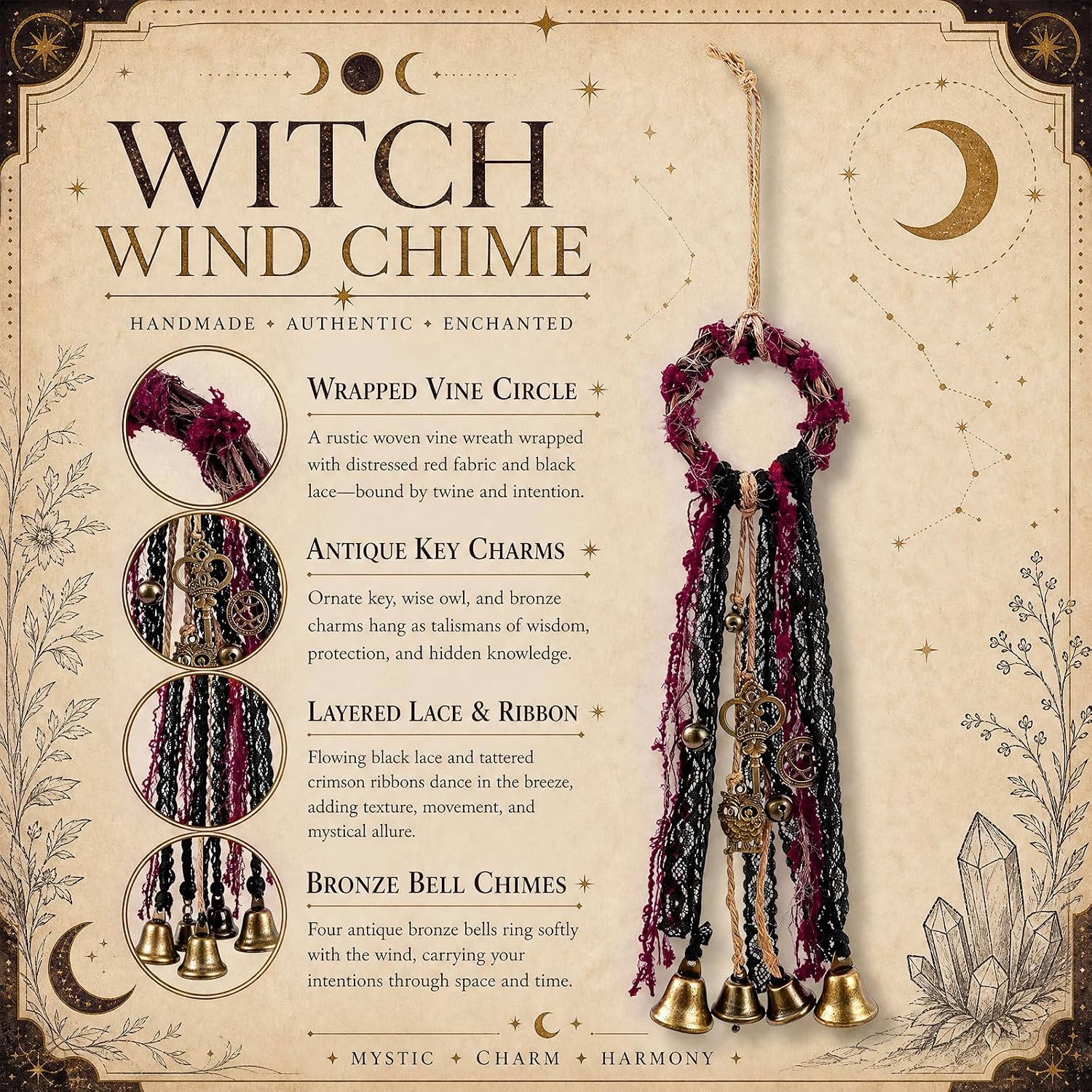 RENEMEGO Witch Bells for Door Knob - Witchcraft Supplies Handmade Hanging Wind Chimes for Protection Wiccan Stuff Boho Wall Home Decor for House Bedroom Garden Witch Gift