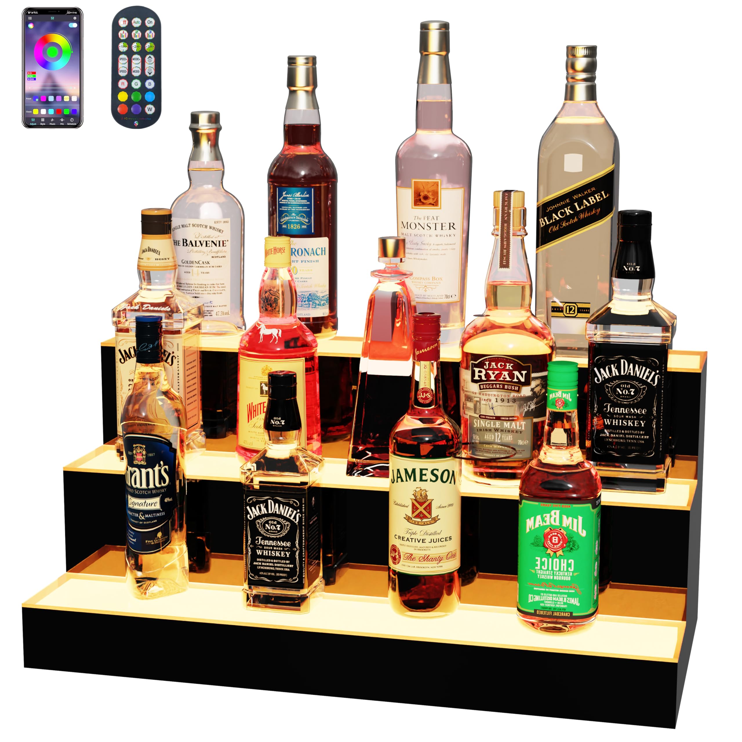 MESAlLUP 24 Inch 3 Tier Lighted Liquor Bottle Display Shelf, LED Bar Shelves with APP or Remote Control, Mulit Color Lighting for Home Mini Bars Decor, Restaurants &amp; Party Use, Acrylic Stand