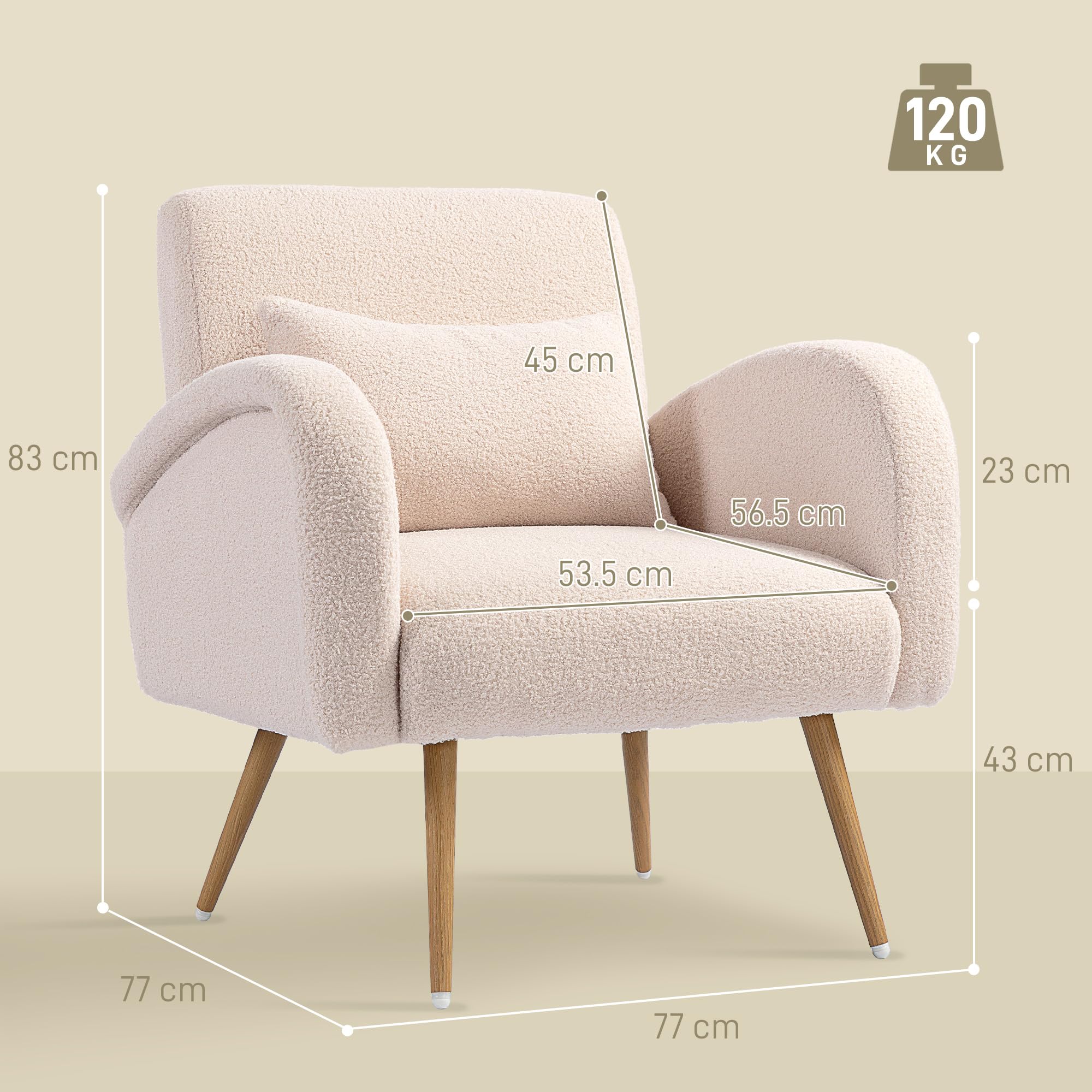 HOMCOM Poltrona per Salotto Imbottita, Poltroncina da Camera in Tessuto Teddy con Cuscino Lombare, Poltrona da Lettura con Gambe Effetto Legno in Metallo per Soggiorno e Studio, 77x77x83 cm, Beige