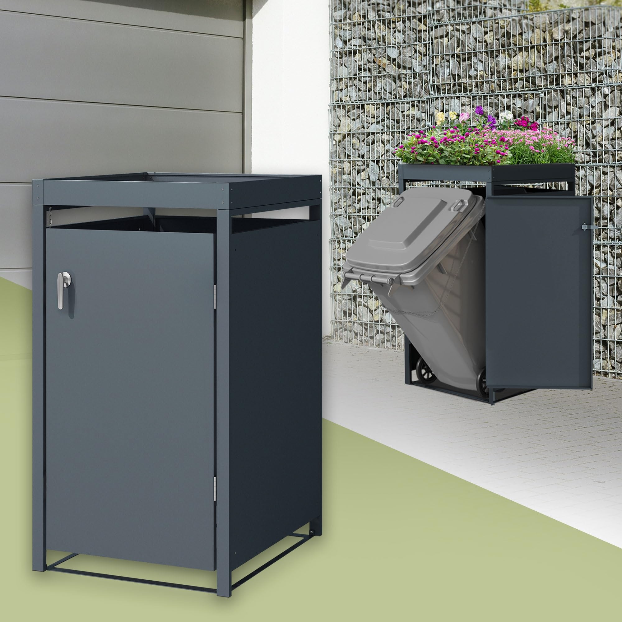 ML-​Design Copribidone per Spazzatura Singolo 240 L per 1 Contenitore Pattumiera 68x80x124 cm Antracite Acciaio Resistente alle Intemperie con Fioriera Copri Bidone Rifiuti Pattume Spazzatura Esterno