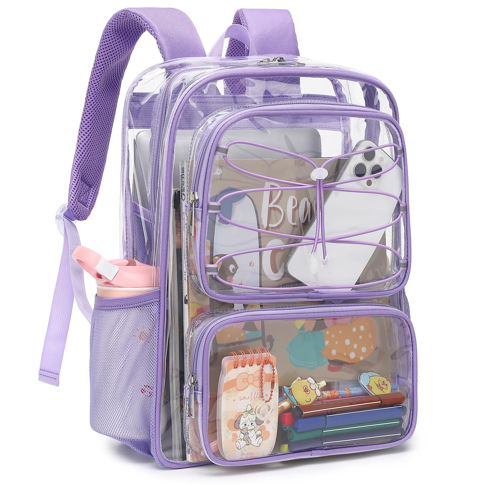 Esfoxes Clear School Backpack for Girls Women, Kids Teens Heavy Duty See Through College Bookbag Transparent School Bag (Lavender Purple)