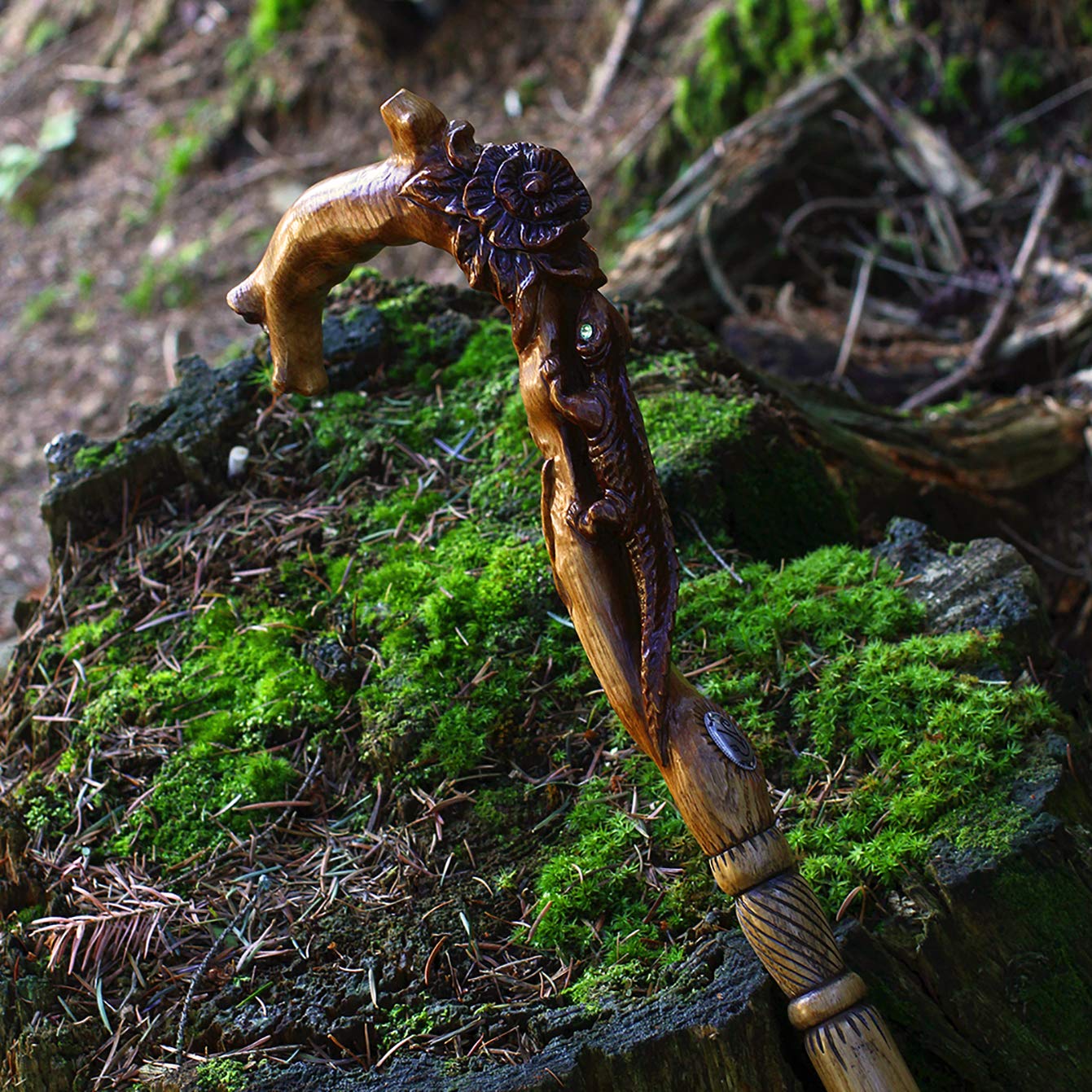 Elegant Light Wooden Walking Stick Cane for Women Ladies Carved Flowers & Lizard Comfortable Handle Fashionable Designer Brown product thumbnail 7