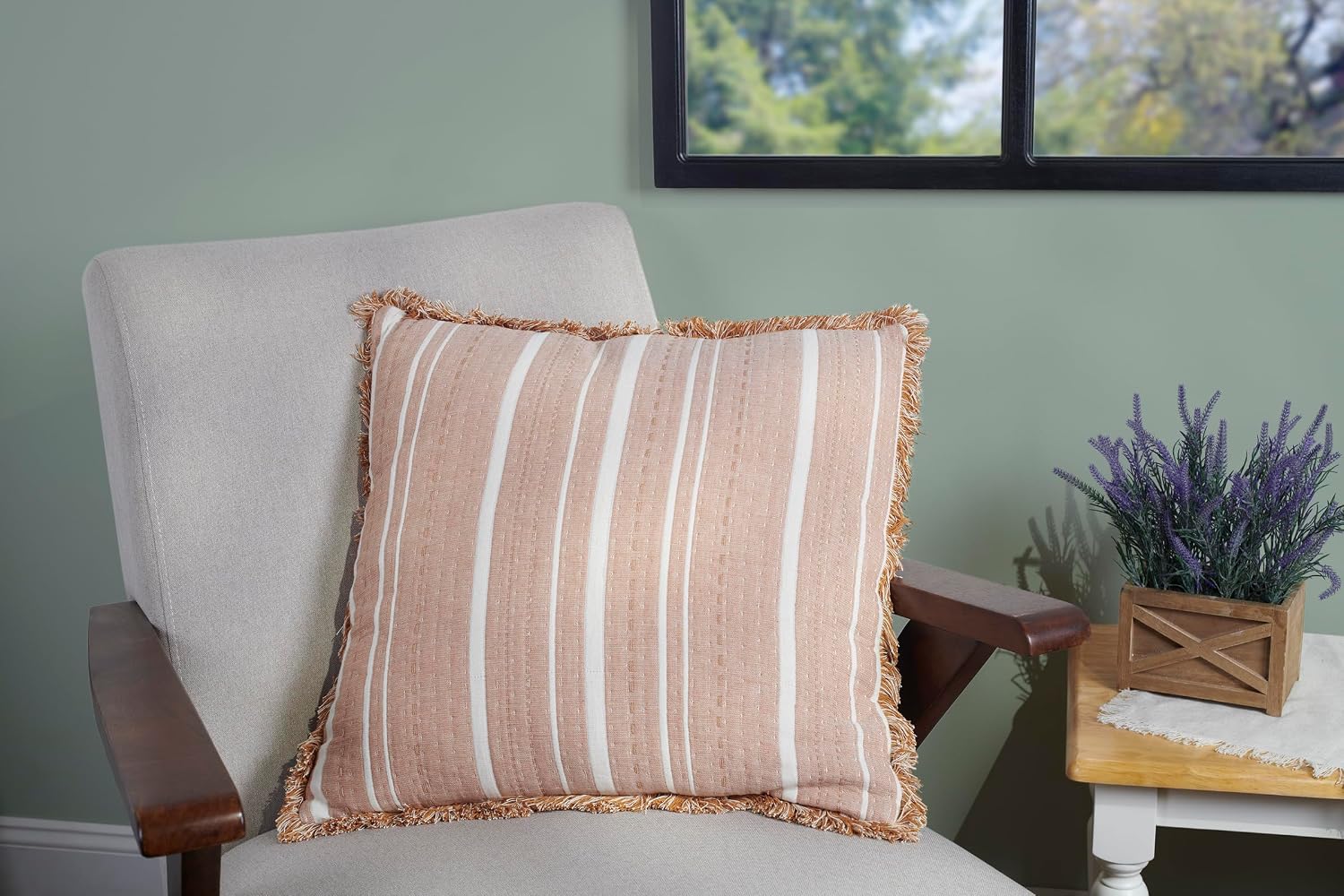 Primitives by Kathy Striped Throw Pillow, Vintage Cream/Rust Orange Stripe Pattern, Yarn Stitched Details, Fringe Trim, Everyday 20x20 Accent Pillow in a Neutral Palette Complements Most Any Decor