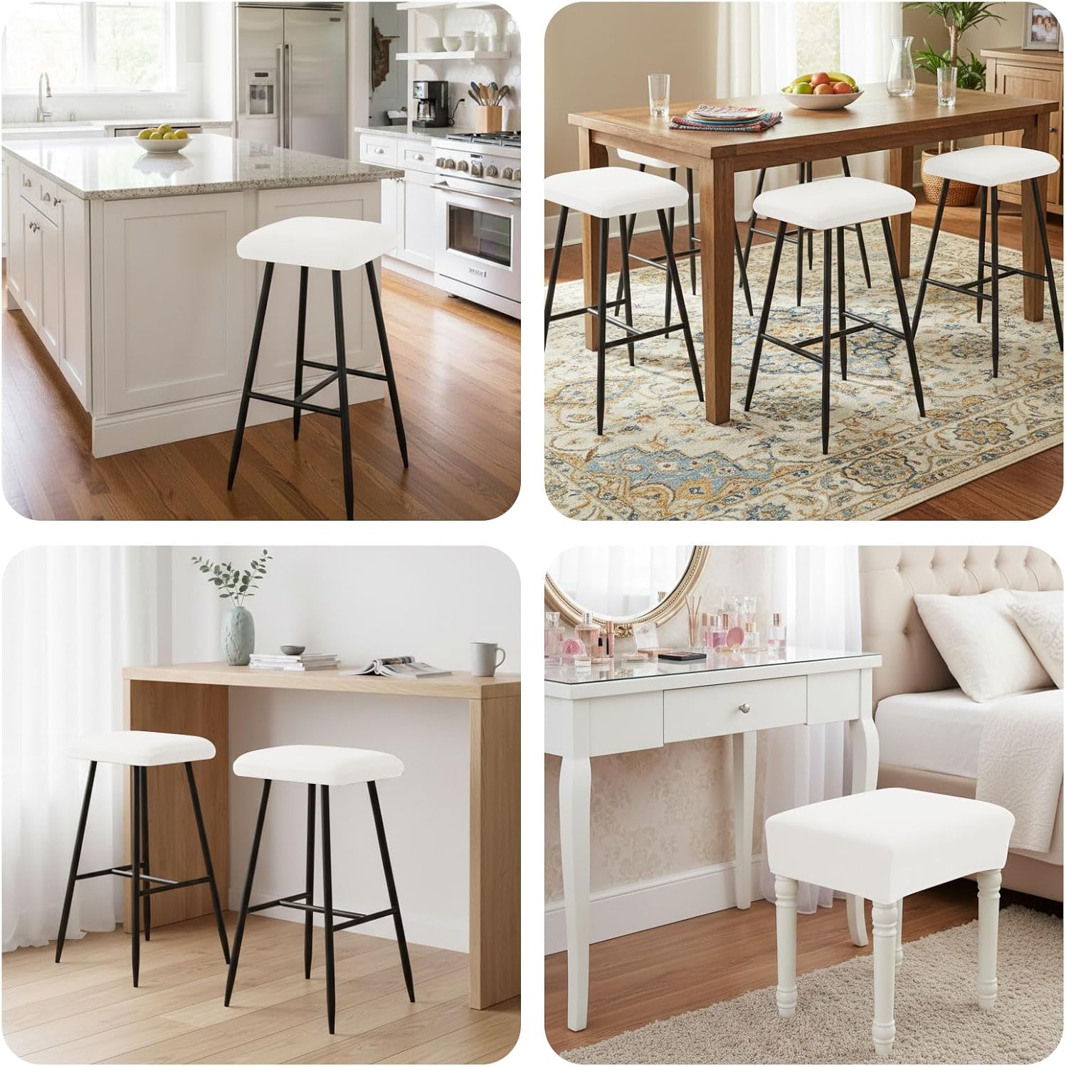 NICEEC White Bar Stool Covers Rectangle Spandex Stretch Vanity Barstool Seat Covers Water Repellent Saddle Seat Covers for Counter Height Washable Bar Stool Cover Set of 4 for Kitchen Dining Room
