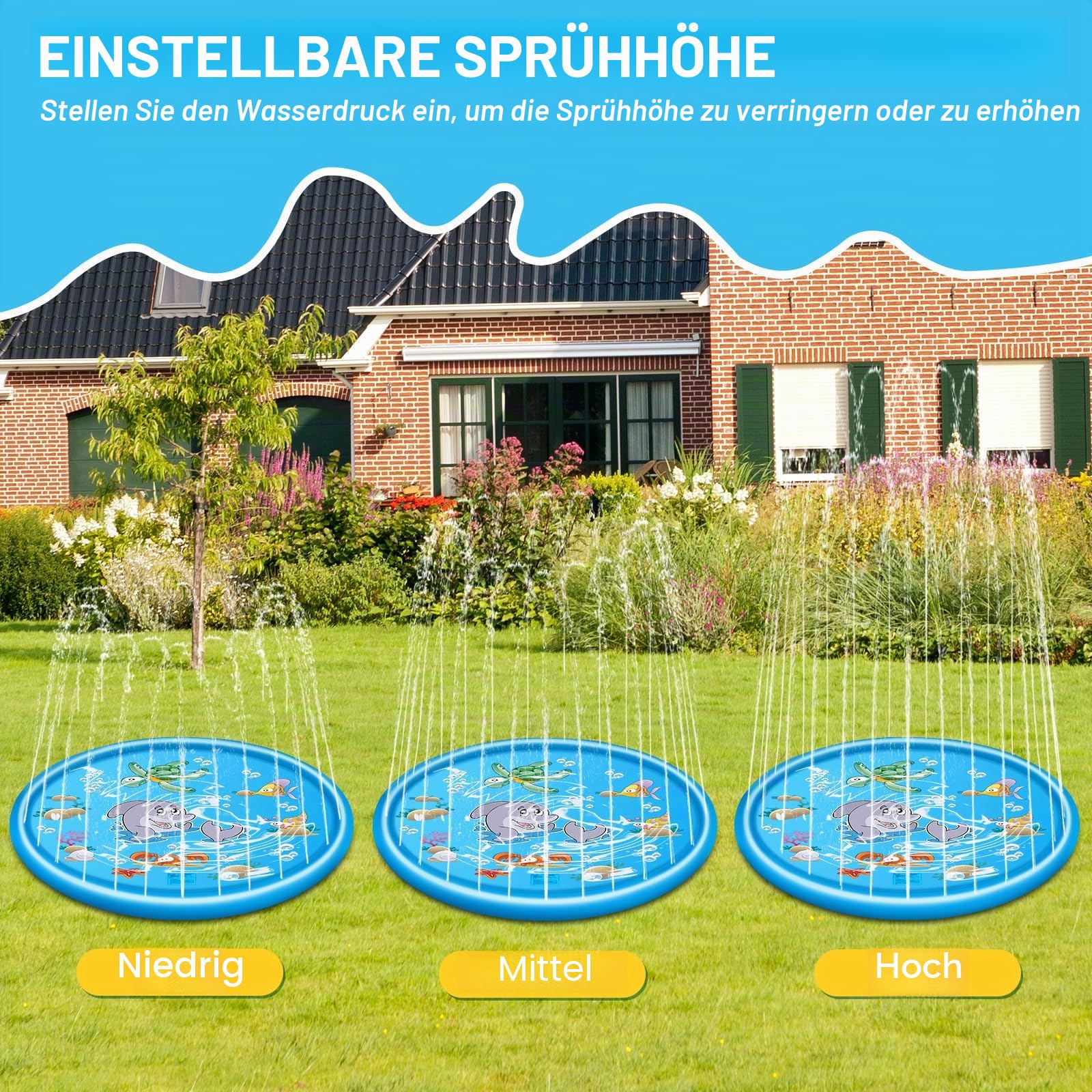 Splash Pad 170cm Anti-Rutsch Sprinkler Matte, Faltbarer Splash Sprinkler Pad, Sprinkler Play Matte für Kinder und Haustiere für Sommer, Garten, DraußEn