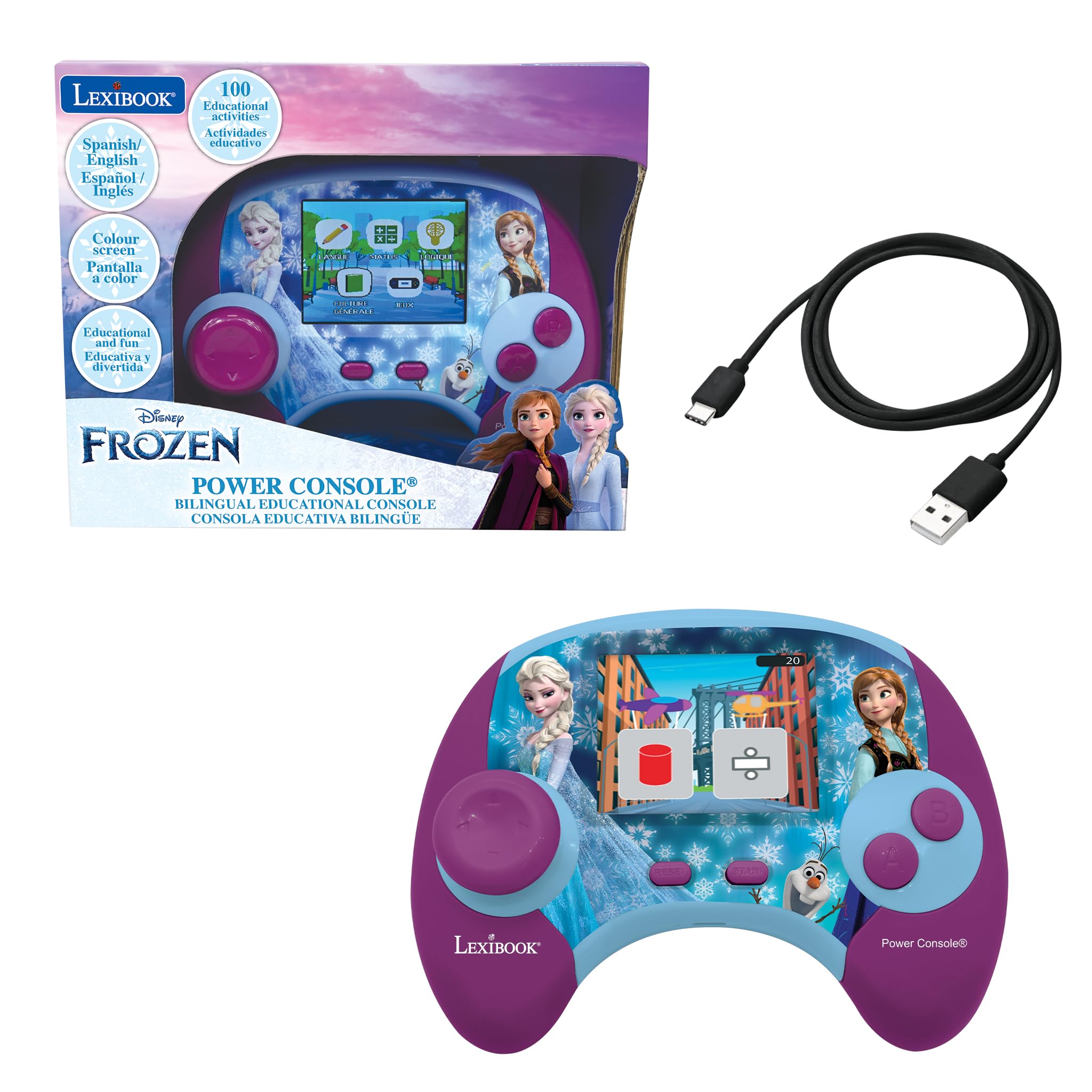 LEXIBOOK - Disney Frozen - Power Console, hiszpańska/angielska dwujęzyczna konsola do gier edukacyjnych z 100 zajęciami, JCG100FZi2