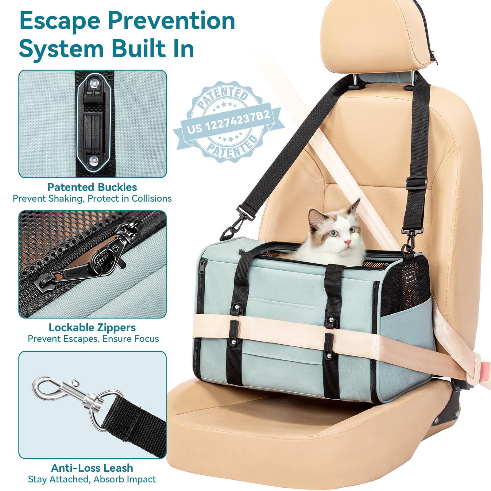 PETSFIT Soft-Sided Cat Carrier with Patented Safety Buckles, Lockable Zippers & Safety Tether,Escape-Resistant Travel Pet Carrier for Car Rides & Vet Visits, Airline Approved Under-Seat, Up to 12 lbs - image 3