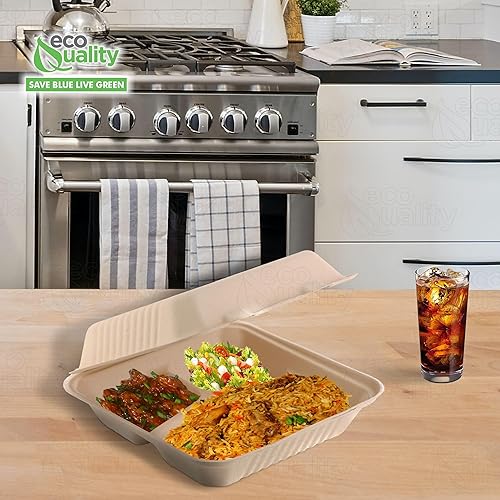 Miniatura 7 de [Paquete de 50] Contenedor de alimentos compostable con bisagras de 9 pulgadas y 3 compartimentos, bagazo de caña de azúcar, sin árboles,