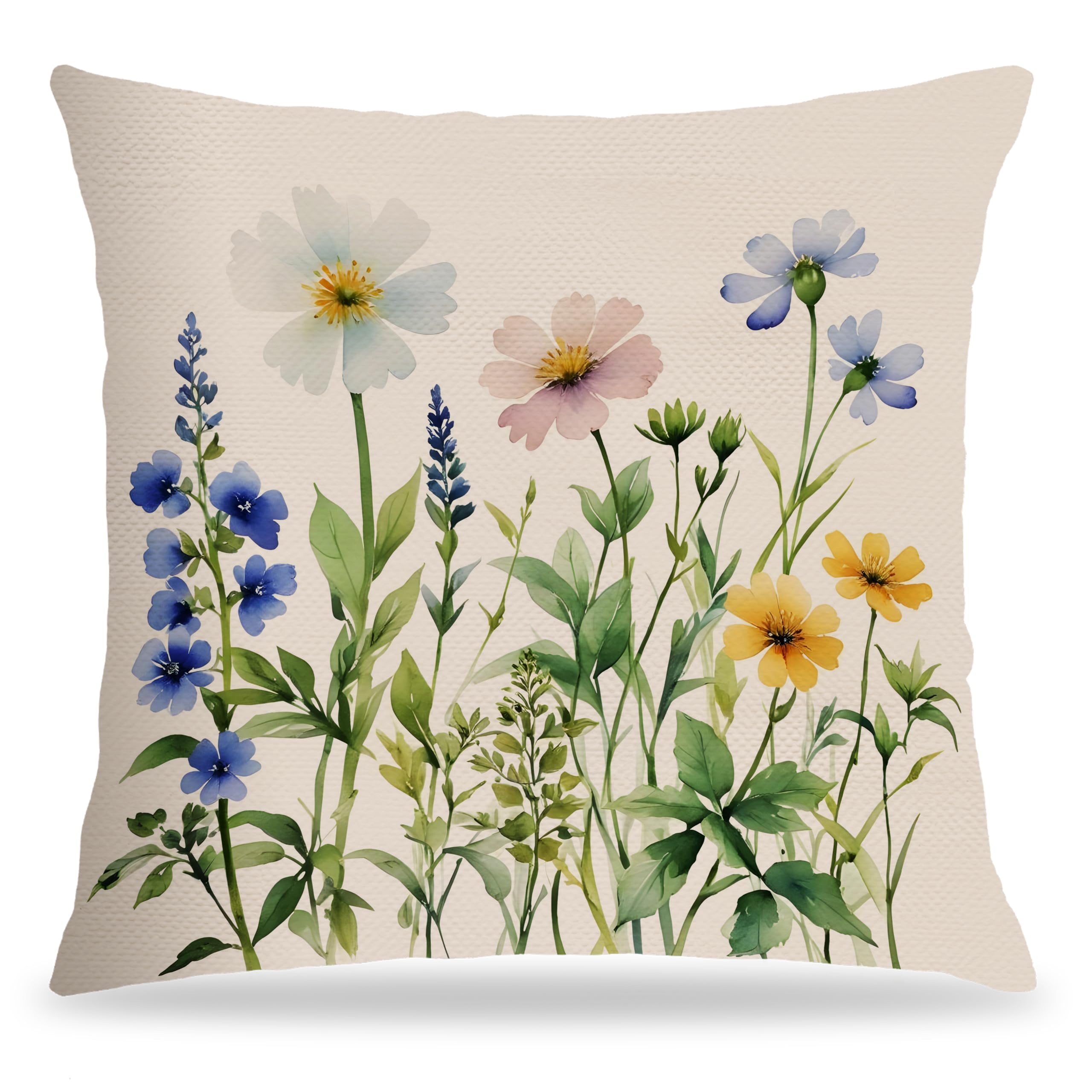 FITIE Rustic Wildflower Pillow Covers 18x18, Floral Flower Room Decor, Watercolor Cottagecore Flower Botanical Decorative Throw Pillow Covers for Home
