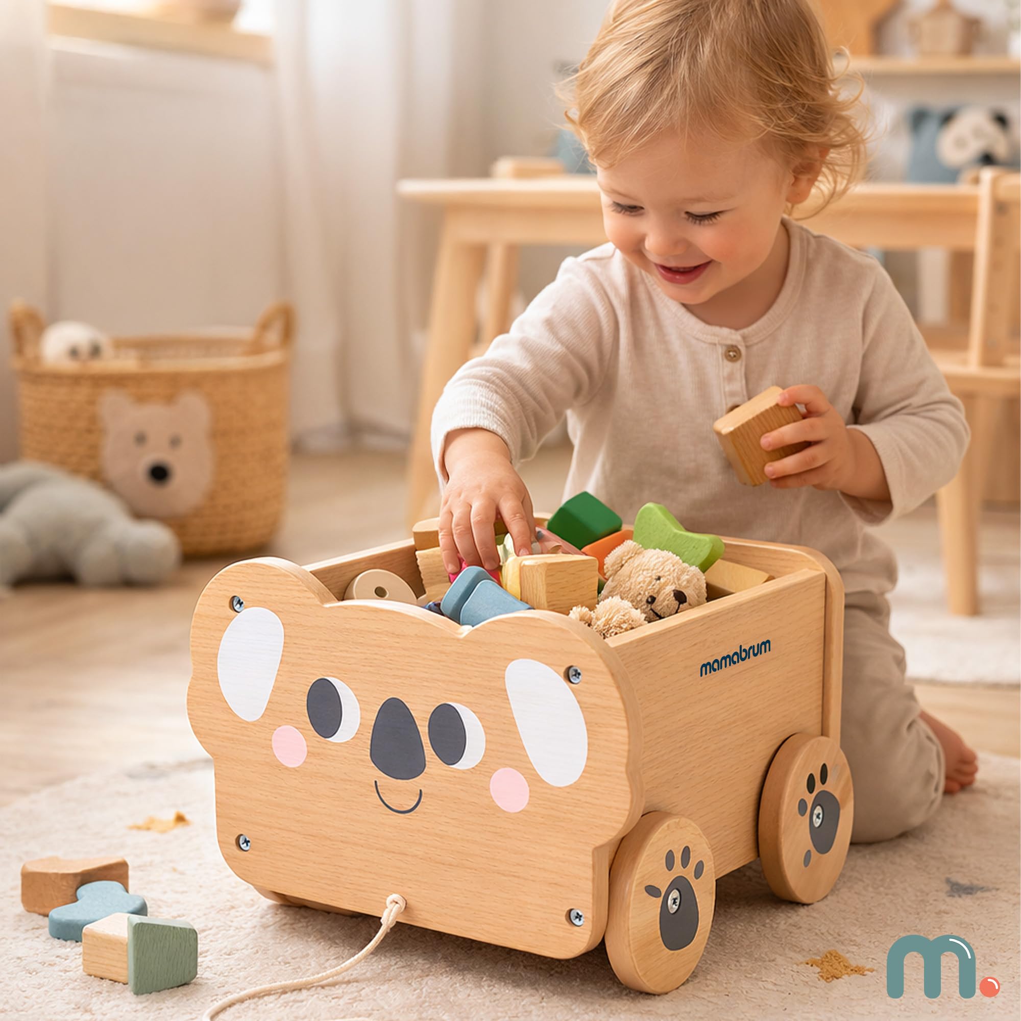 Mamabrum Carrito de Madera Koala para Niños con Cuerda, Juguete de Arrastre con Espacio de Almacenaje 5,54 l, Carro Infantil Educativo para Juego Diario