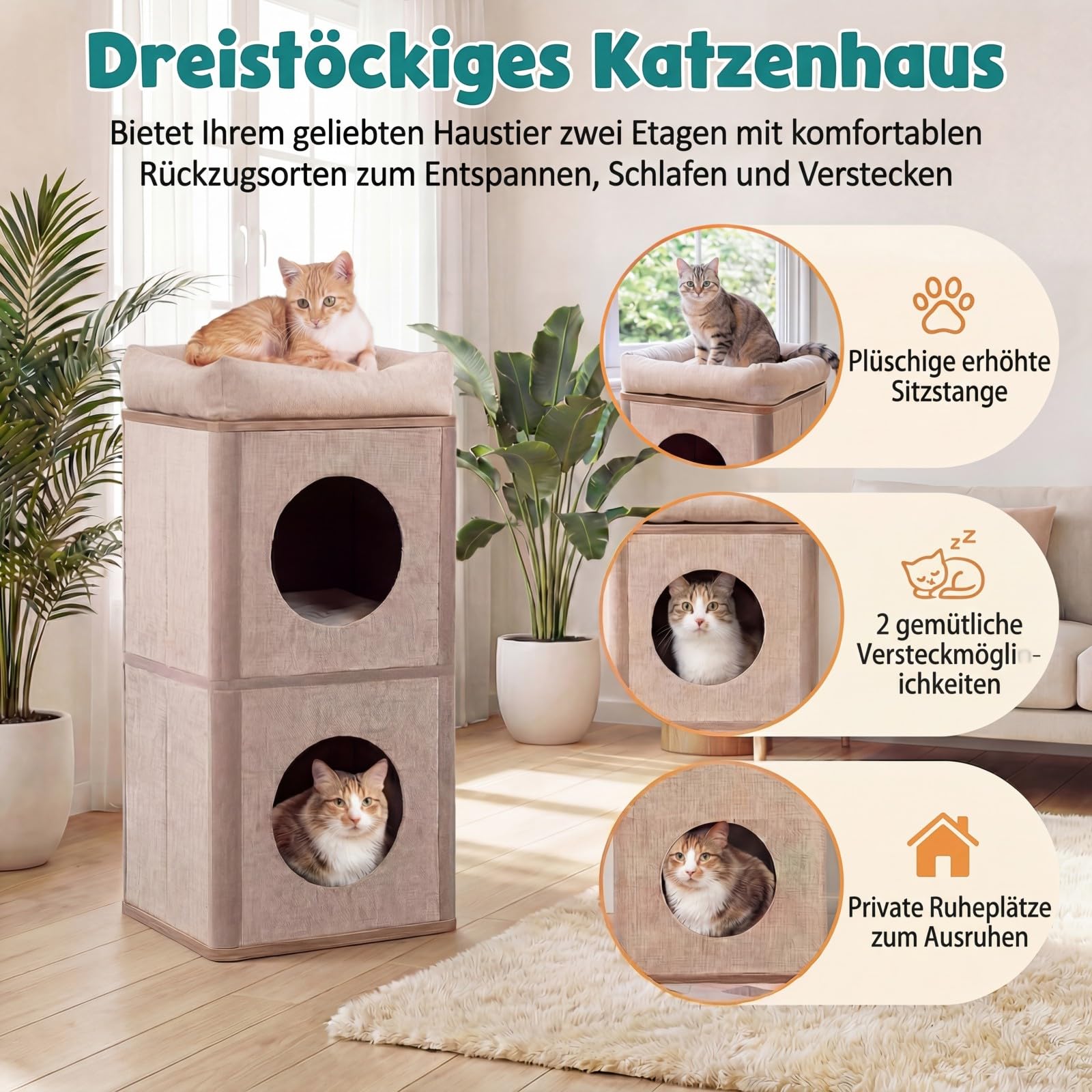 GOPLUS 3-poziomowy domek dla kotów z drewna, domek dla kota z deską do drapania i zdejmowaną matą, wytrzymały drapak dla kota z 2 jaskiniami i 3 miękkimi poduszkami, dla kotów do 20 kg (beżowy)