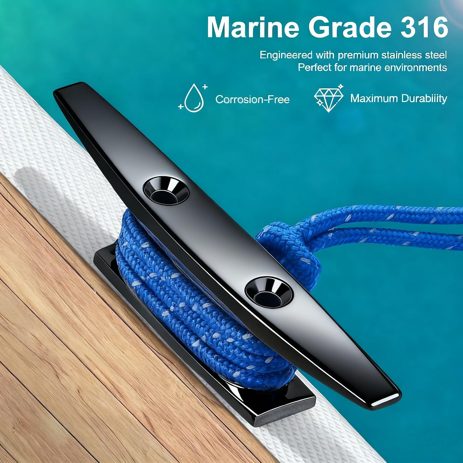 Boat Dock Cleat, Black 316 Marine Grade Stainless Steel Open Base Cleats with Hardware, Heavy Duty Mooring Accessories for Yacht Kayak Jetski (2-Pack)