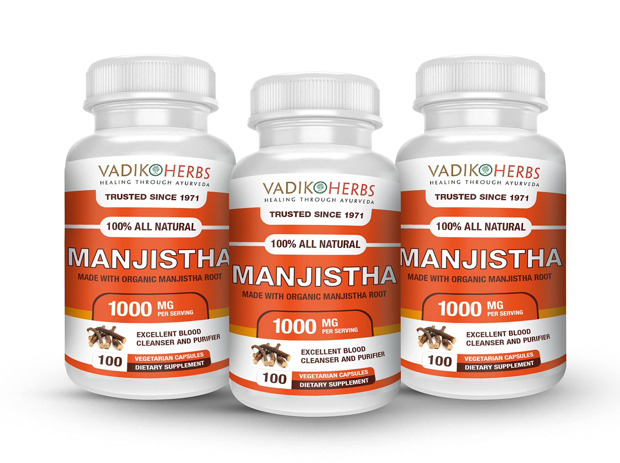 Certified Organic Vadik Herbs Manjistha (Rubia cordifolia) Powder 3 Bottles Capsules | Promotes Healthy Skin, Blood Cleanser, Natural Antioxidant, Promotes Healthy Flow of Blood and Urine