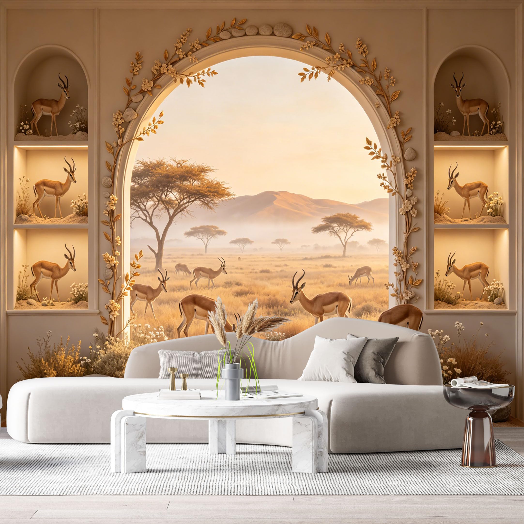 Custom Size Wall Murals Savannah Gazelle Landscape 3D Trompe L'Oeil SelfAdhesiveWall Fabric Removable Wallpaper Wall Decor for Living Room Bedroom Bathroom