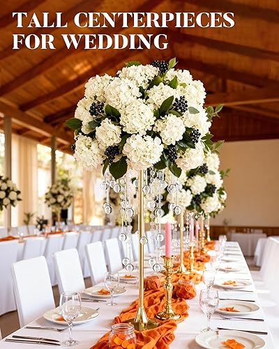 Miniatura 8 de 12 centros de mesa altos de cristal dorado para mesas, soporte de flores de 29.53 pulgadas de alto para bodas con jarrones de cristal dorado para