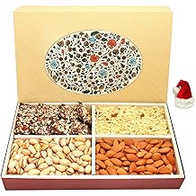 Ghasitaram Gifts Christmas Gifts Chocolates Hampers - Eco 4 Part Print Hamper Box with Almonds, Pistachios, Namkeen and English Brittles Chocolates 600 GMS