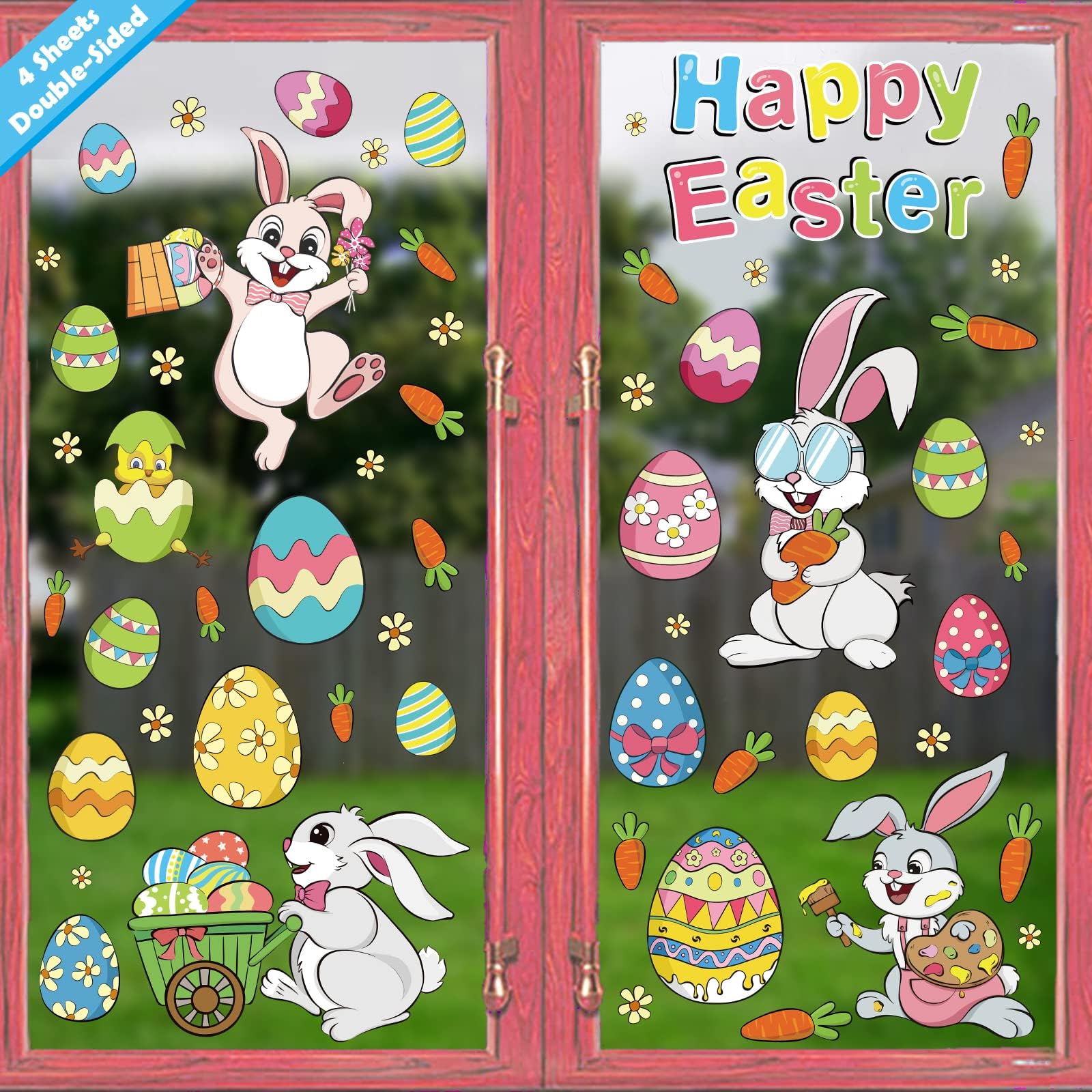 Ivenf Easter Decorations Window Clings Decals Decor, Extra Large Easter Eggs Bunny Carrot Flowers Party Supplies Gifts, Spring Window Clings Decorations for Kids School Home Office, 4 Sheet 57 pcs