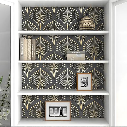 Miniatura 3 de Livelynine Papel tapiz Art Deco de oro negro, despegar y pegar, papel de pared con acento de plumas de pavo real oscuro, autoadhesivo, moderno,