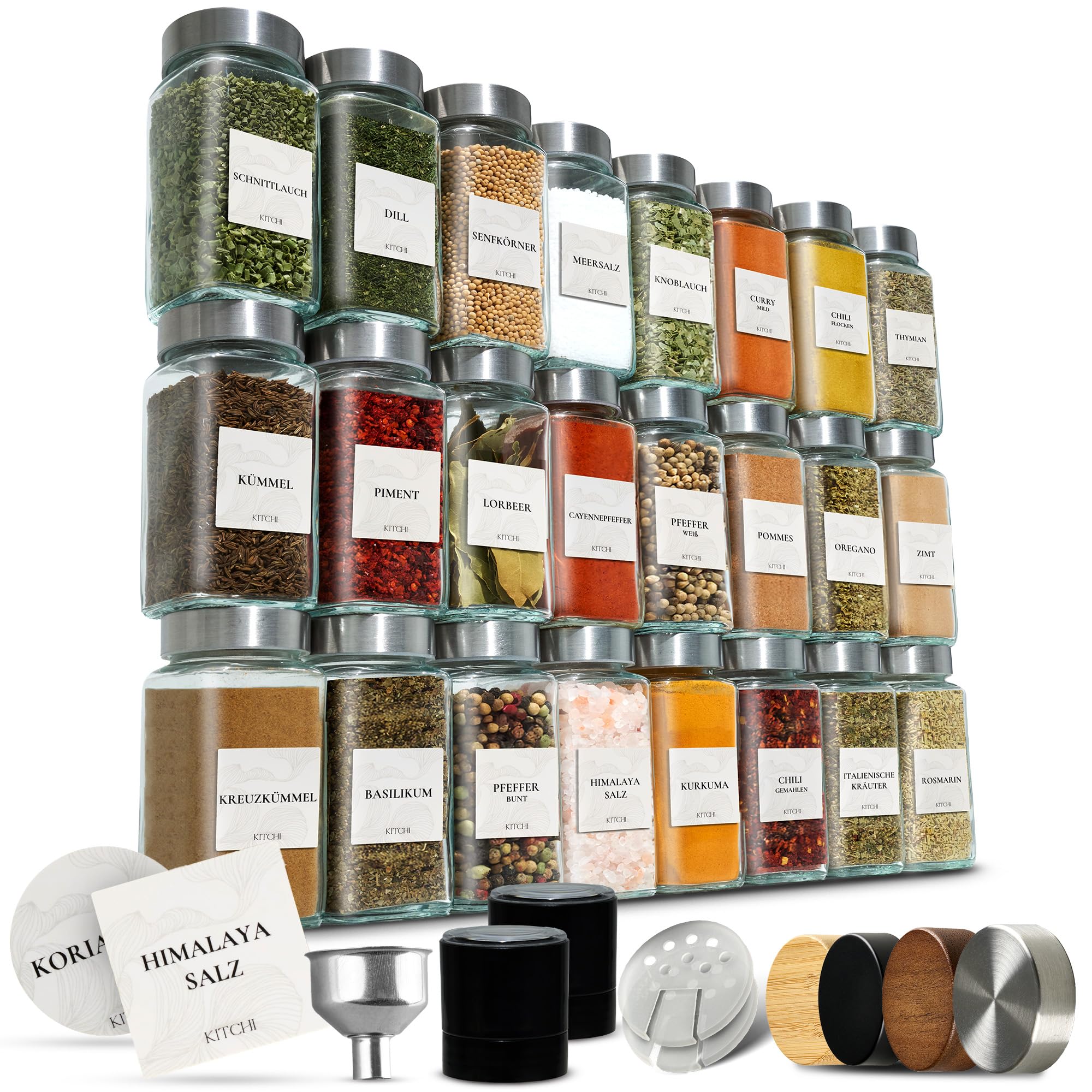 KITCHI Tarros de especias con bandeja para esparcir [24 x 120 ml] + 240 etiquetas resistentes al agua – tarros herméticos para especias rectangulares – Juego de tarros de especias – Juego de tarros de