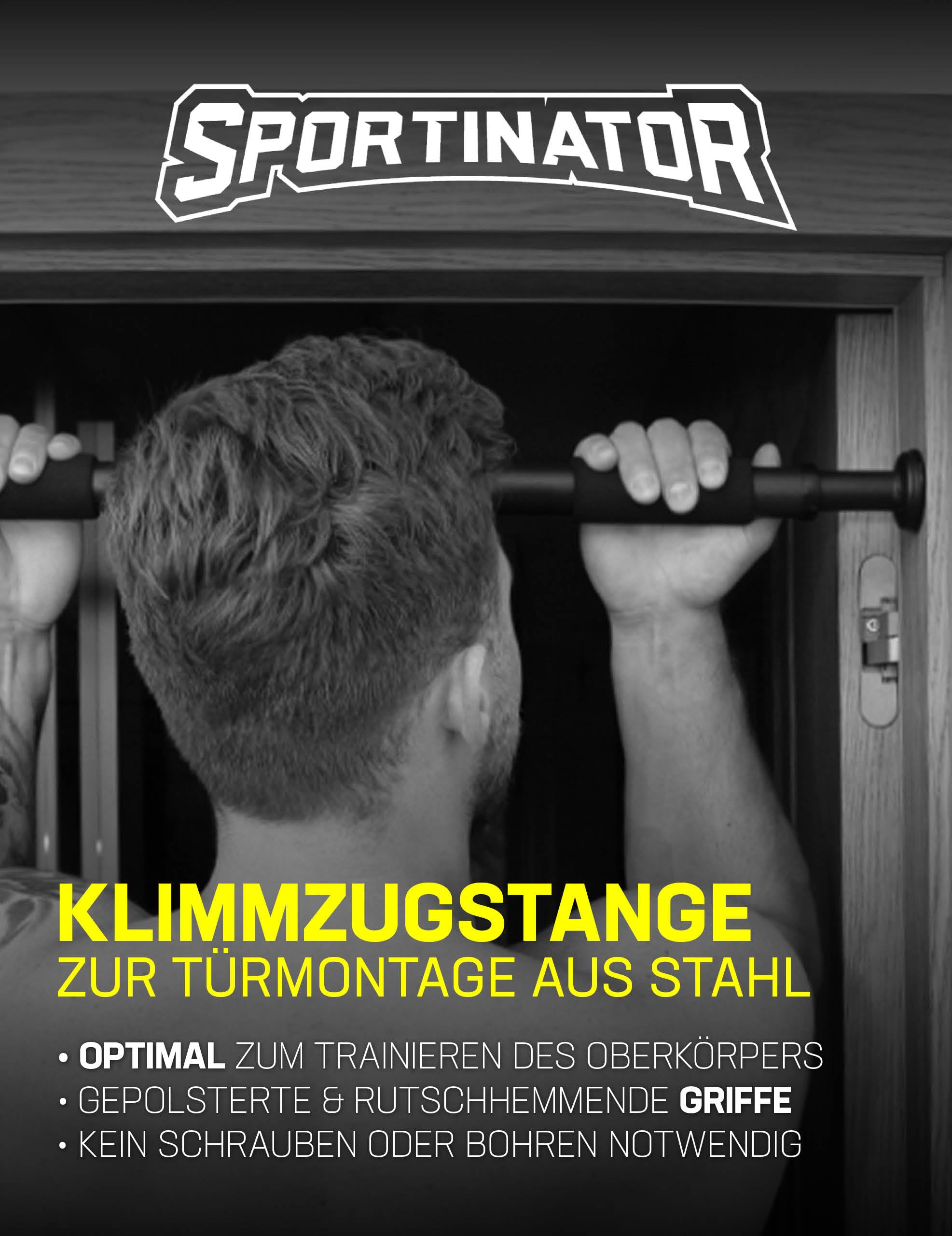 SPORTINATOR® Barra per trazioni da infilare nel telaio della porta, per la tua palestra domestica. Lunghezza 60-102 cm, compatta, sicura e veloce senza foratura, portata fino a 150 kg