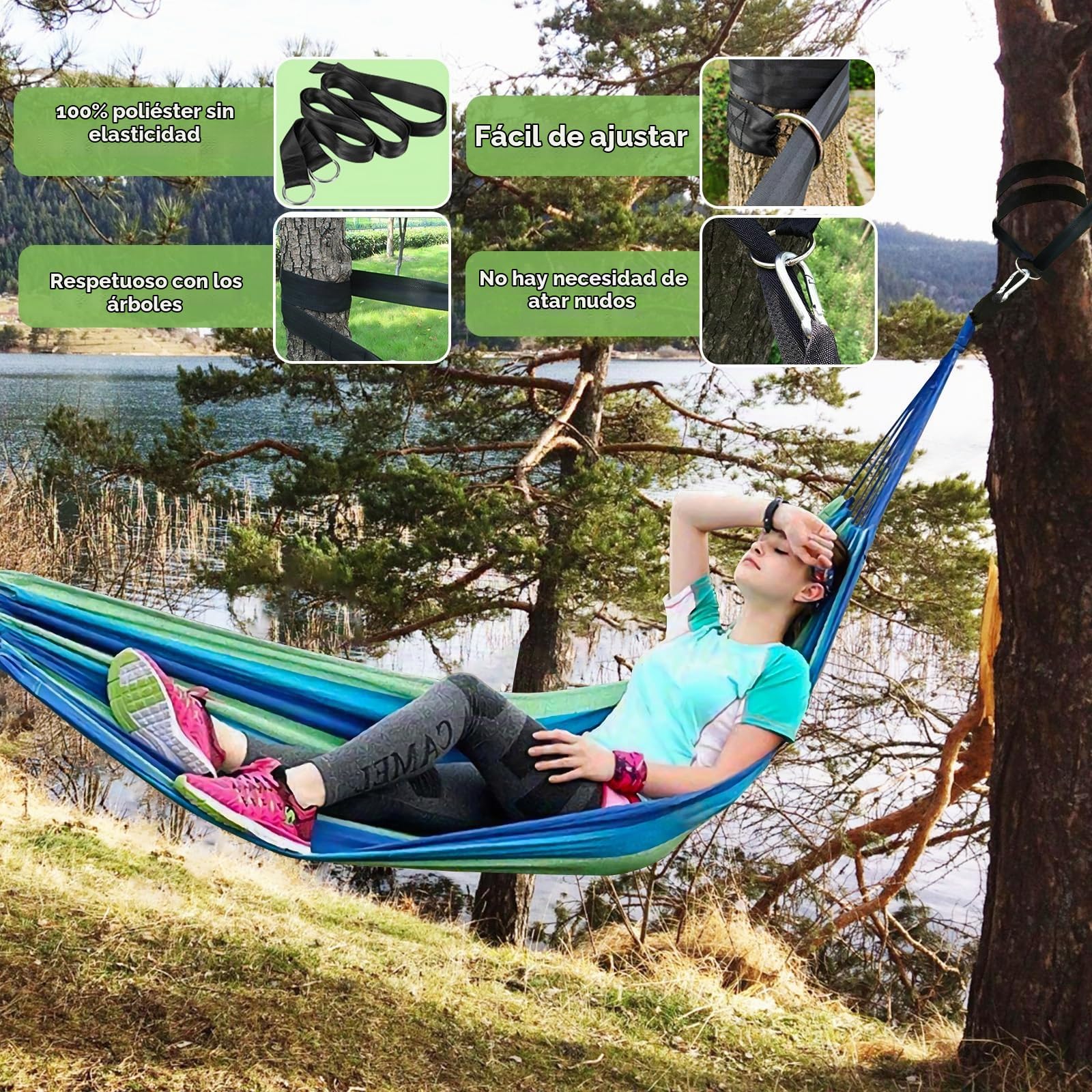 Hamaca al Aire Libre de Camping(230x150 cm), 270 kg de Capacidad de Carga, con Bolsa de Transporte, 2 Mosquetones, 2 Eslingas de Nylon, Hamaca árbol Portátil para Playa Camping