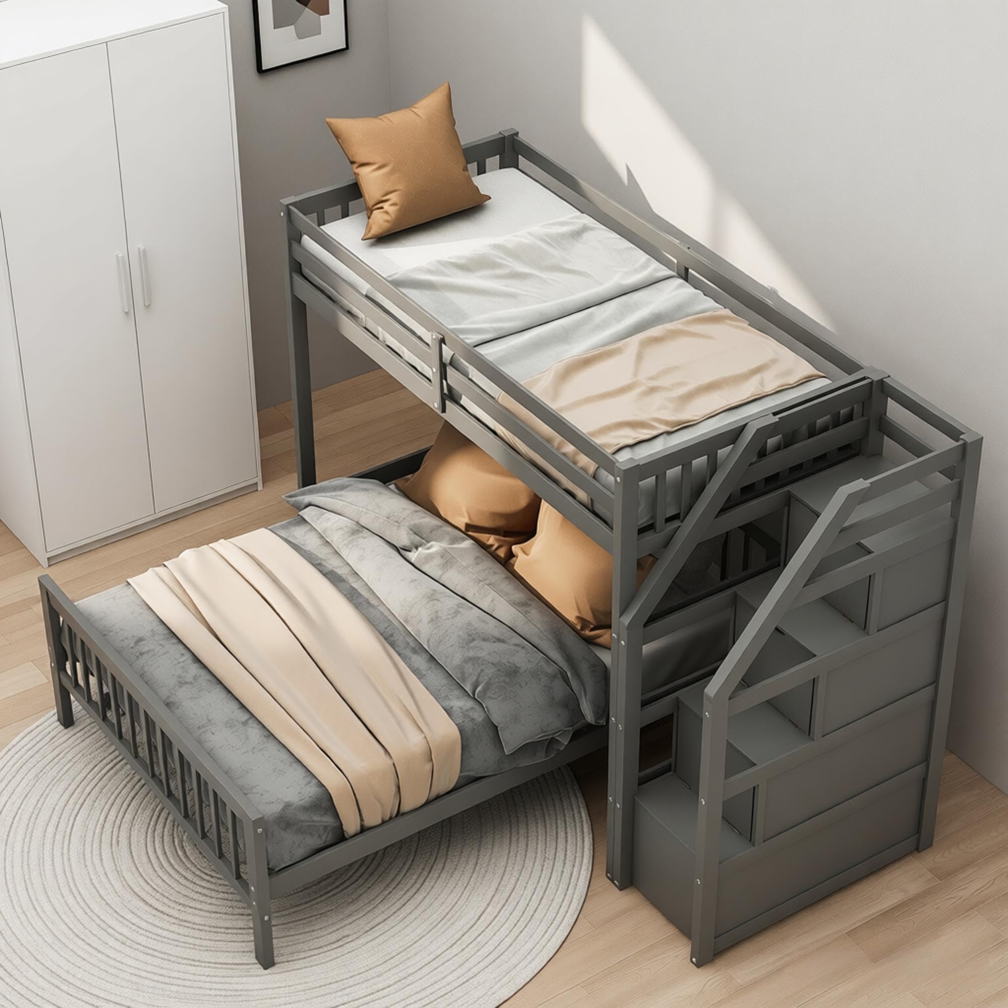 Bellemave Twin Over Full Bunk Bed with Stairs, Solid Wood Bunk Bed with Storage (Gray)