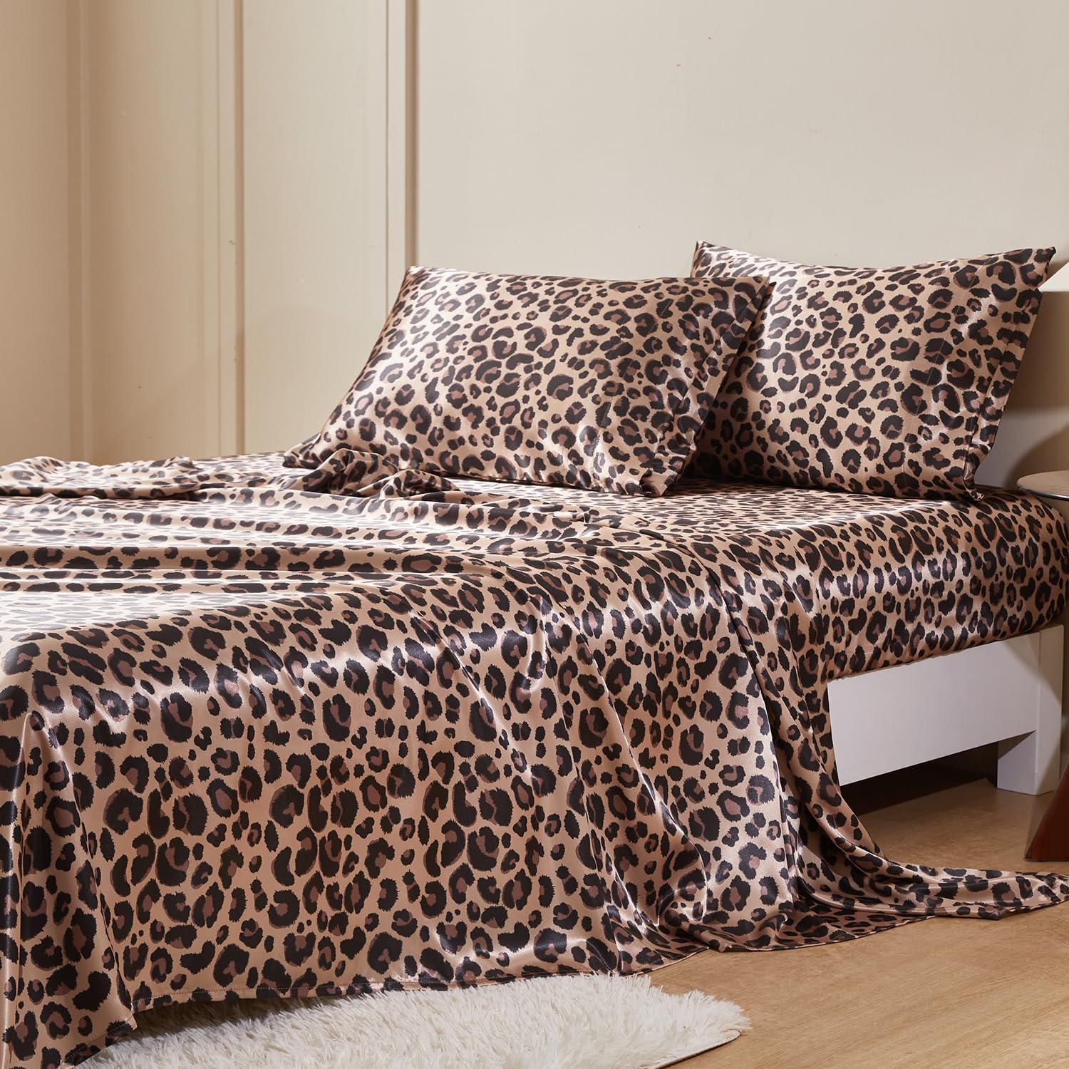 MR&HM Satin Bed Sheets with Elastic Corner Straps, Queen Size Sheets Set, 4 Pcs Silky Bedding Set with 15 Inches Deep Pocket for Mattress (Queen, Brown Leopard)
