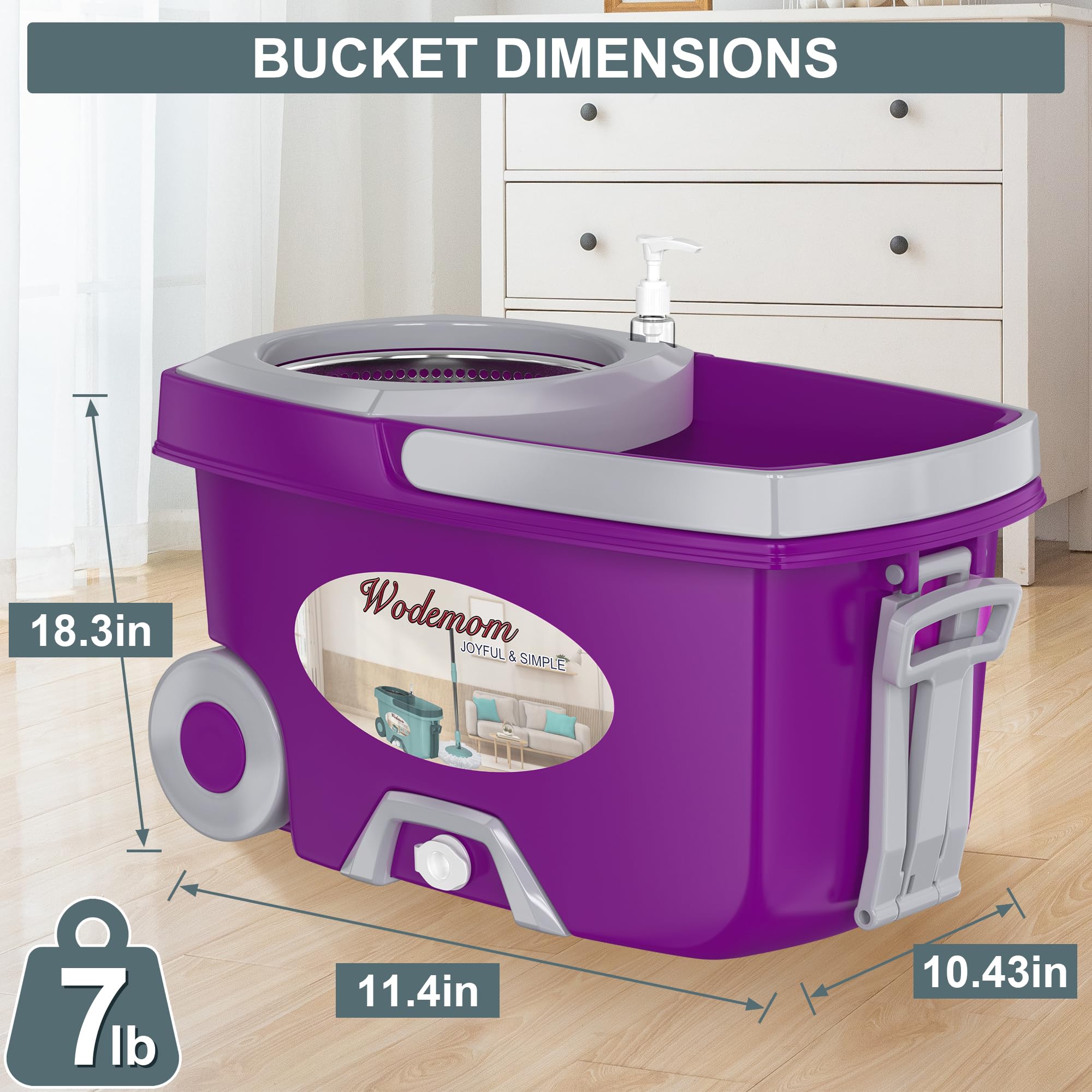 Mopa giratoria de doble compartimento y cubo, fregona y cubo con juego de escurridor, fregona giratoria de 360° para limpieza de suelos con 6 cabezales de repuesto de microfibra, mango extendido de 61