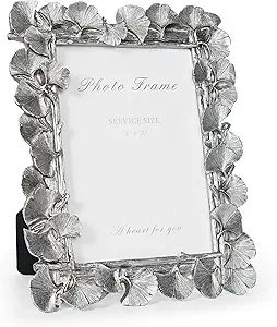 Silver 5x7 Picture Frame, Vintage Silver Ornate Leaf Textured Hand-Crafted Resin Frames with Glass Front, Antique Photo Frame for Tabletop Display, Retro Design Home Decor