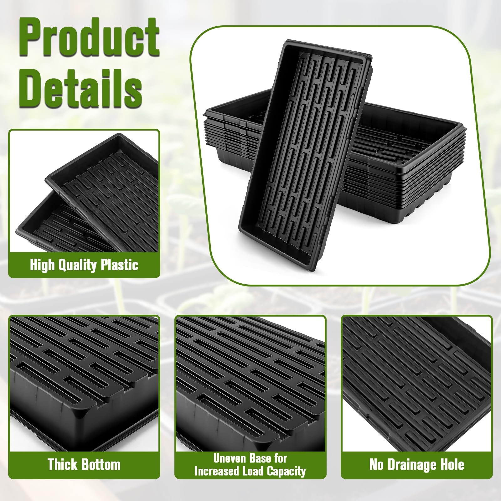 CMOOD Lot de 10 plateaux de culture en plastique noir de 27,9 x 53,3 cm pour microgreens, semis, germination des plantes, fourrage et transplantation