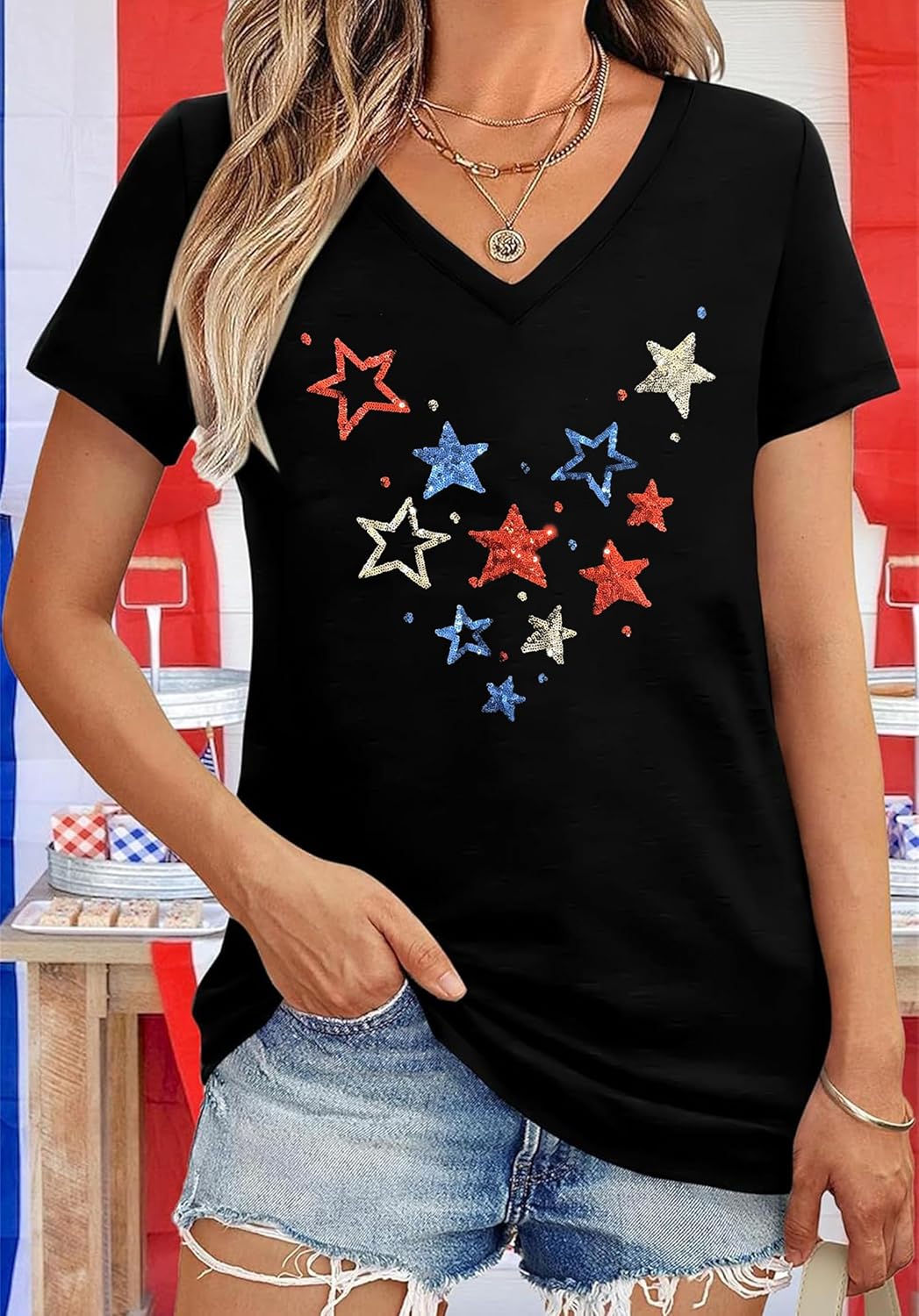 American Flag Shirts Women:4th of July V-Neck Short Sleeve Patriotic T-Shirt Memorial Day Graphic Tee - Image 2