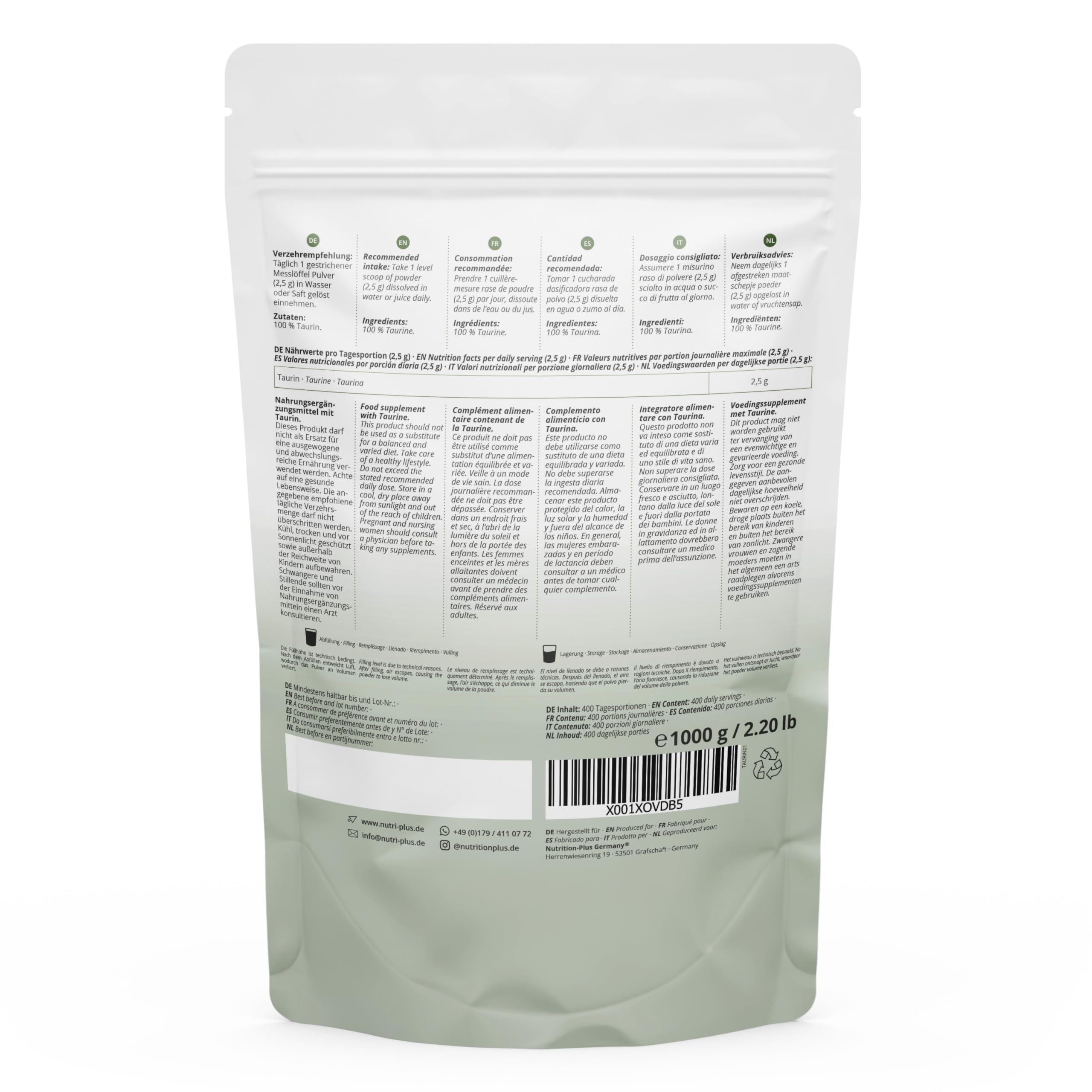 Nutri + Taurina in Polvere 1 kg - ad alto Dosaggio - Base vegetale tramite Fermentazione - pura Taurina 1000 g - vegana - neutra - naturale senza Additivi - Qualità premium