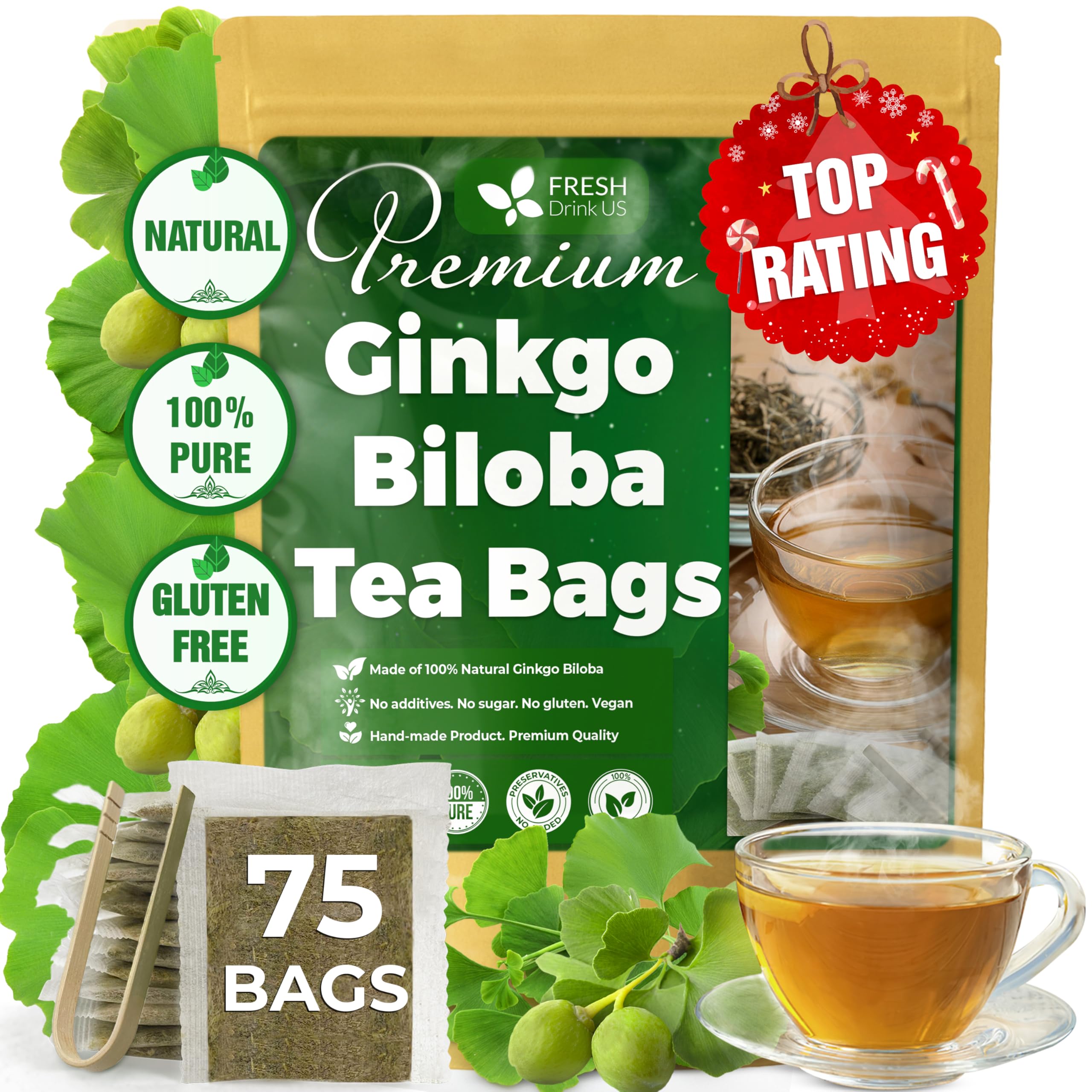 FreshDrinkUS, Premium 75 Ginkgo Biloba Leaf Tea Bags, 100% Natural & Pure from Ginkgo Biloba Leaves. Loose Leaf Herbal Tea. Made with Eco-Conscious