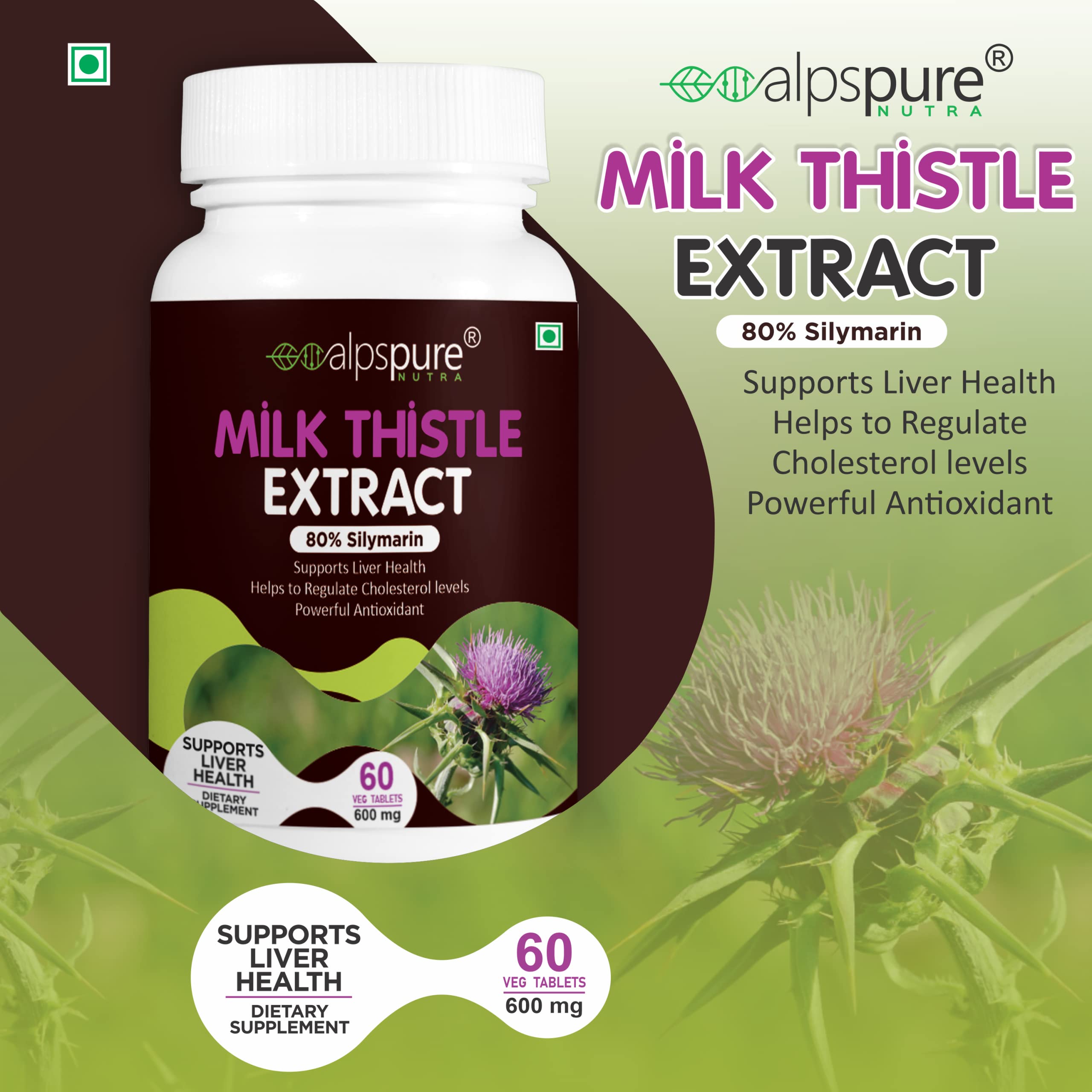 Alpspure Nutra Milk Thistle Extract Tablets -80% Silymarin | Liver Support & Detox Supplement (60 Tablets) Helps in Cleanse Liver for Men and Women pack of-1 - Image 4 thumbnail
