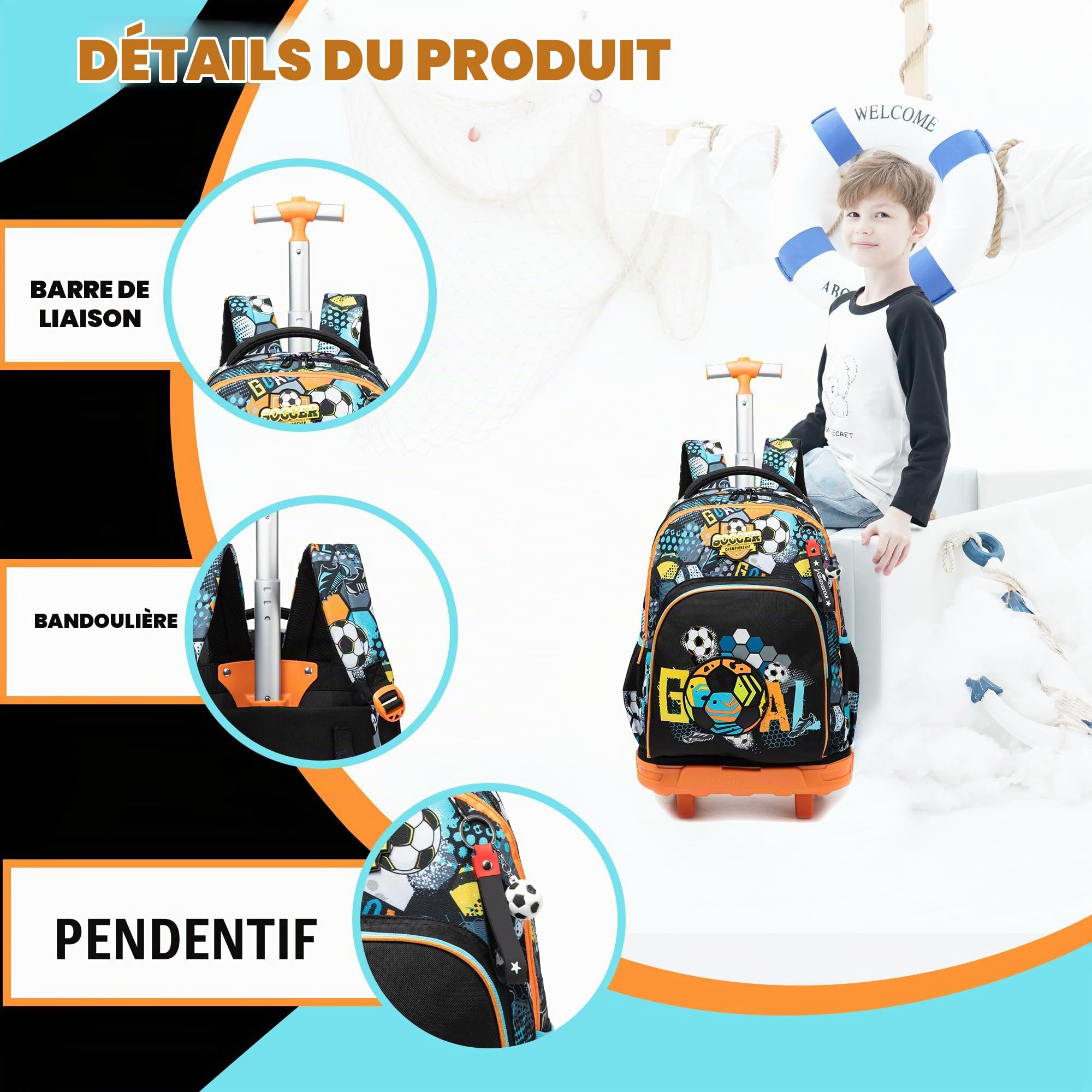 HTgroce Cartable a Roulette Fille Sac à Dos Cartable a Roulette Comprend Un Sac à Lunch et Un étui à Crayons
