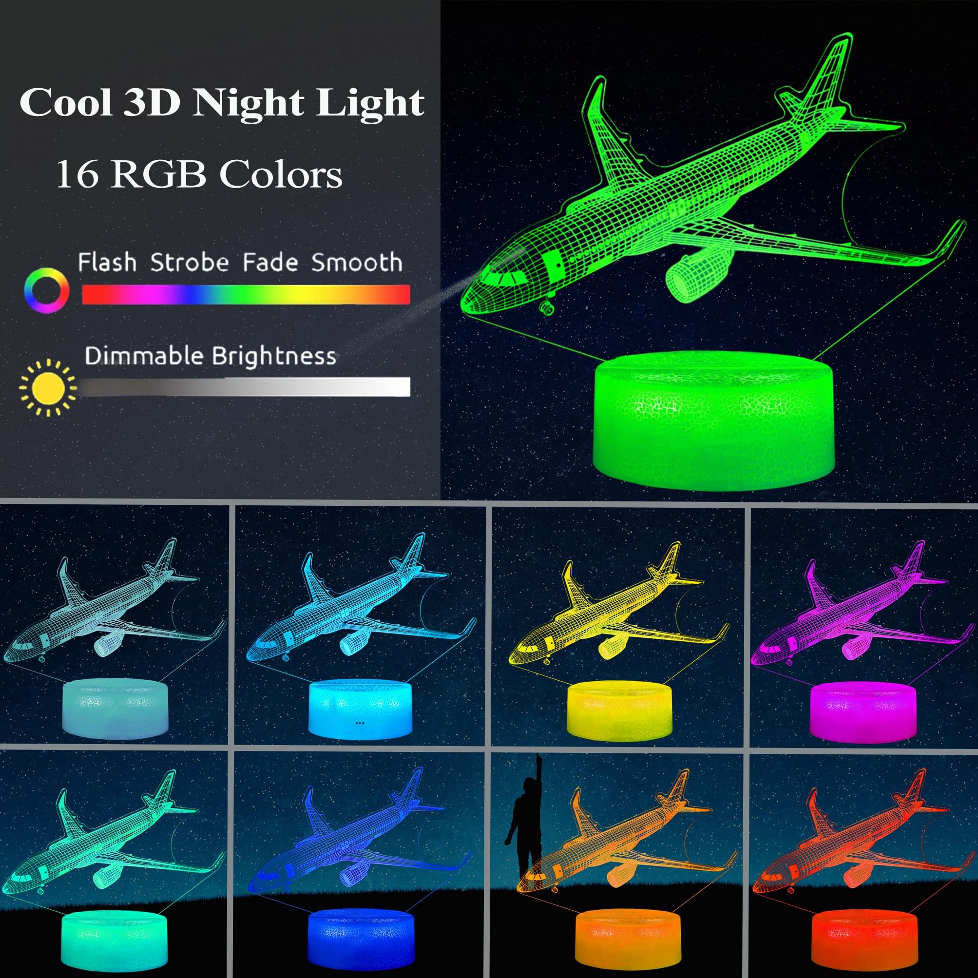 POSSHE Airplane Night Light, Plane Gifts, Aviation 3D Illusion Night Light with 16 Colors Changing, Remote Control with Timer, Kids Room Decoration for Holiday Birthday Christmas