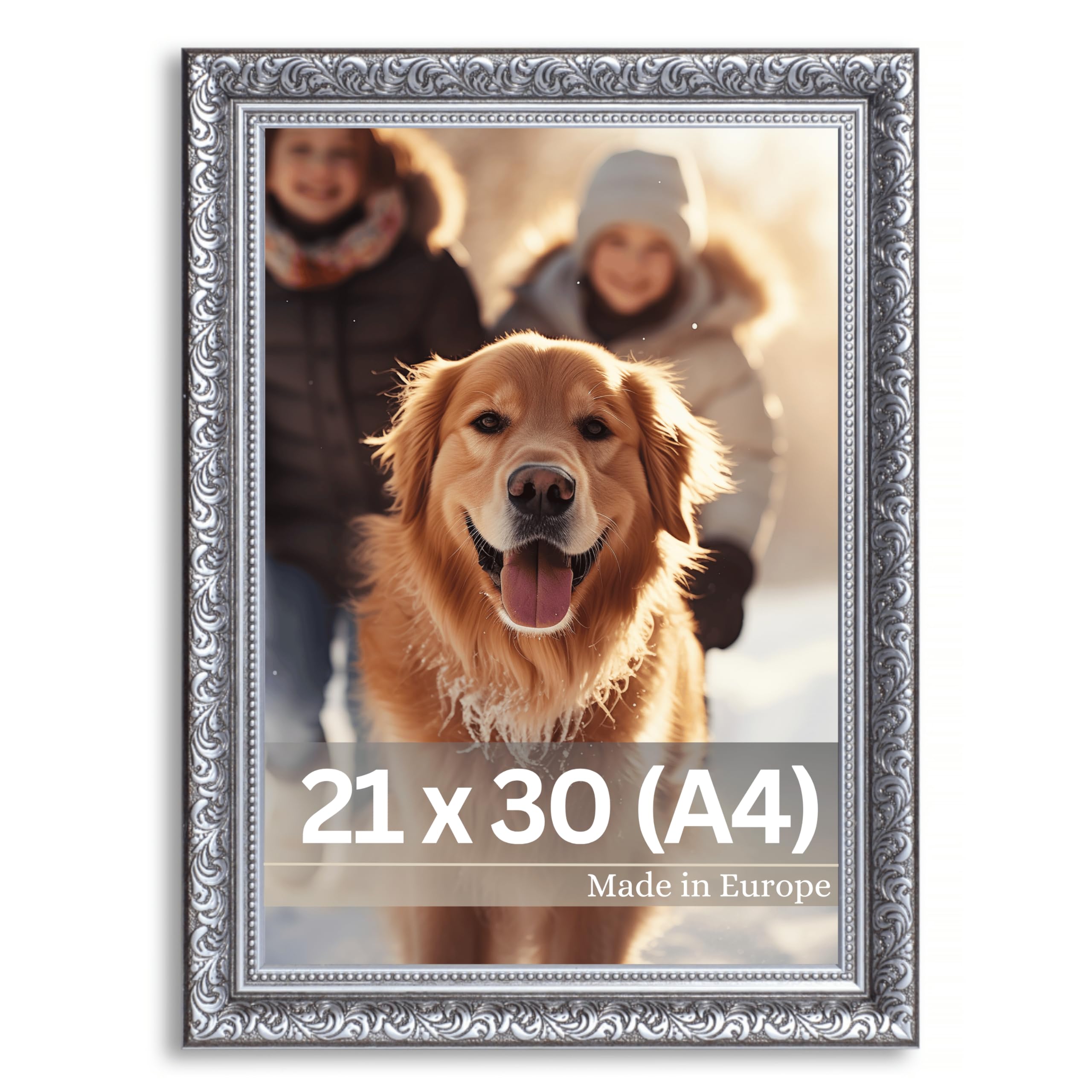 VictoR vintage Bilderrahmen „Rubens“ in 21x30 cm (A4) schwarz silber - Leiste: 30x20mm - Echtglas - Fotorahmen barock - antik - Bilderrahmen 20x30 vintage - Fotorahmen A4 schwarz