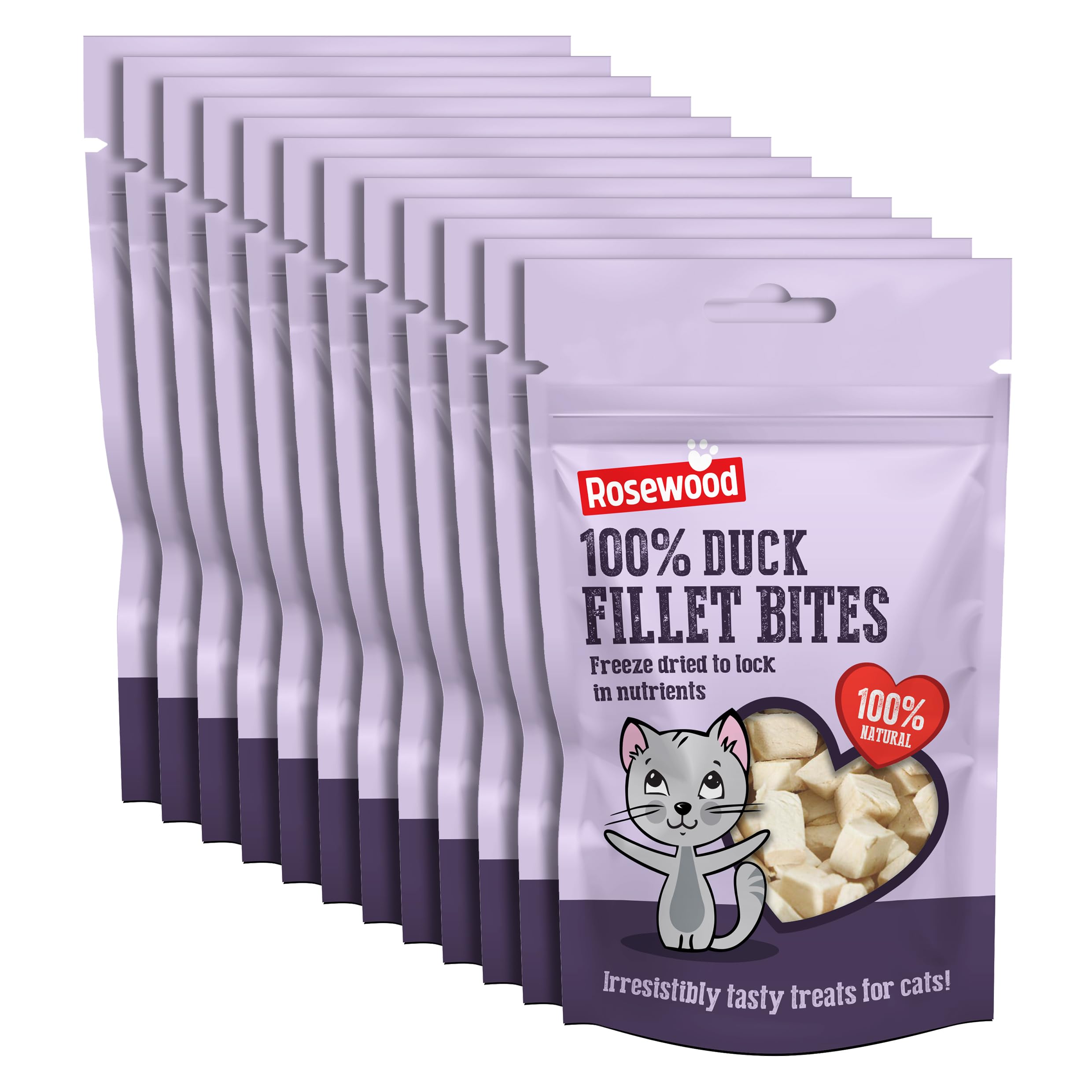 Rosewood Freeze Dried Duck Bites for Cats - All Natural Duck Fillet, Small, Bite-Sized Cat Treats, Grain-Free, Natural and Healthy Cat Snacks (Case of 12 x 15g Packs)